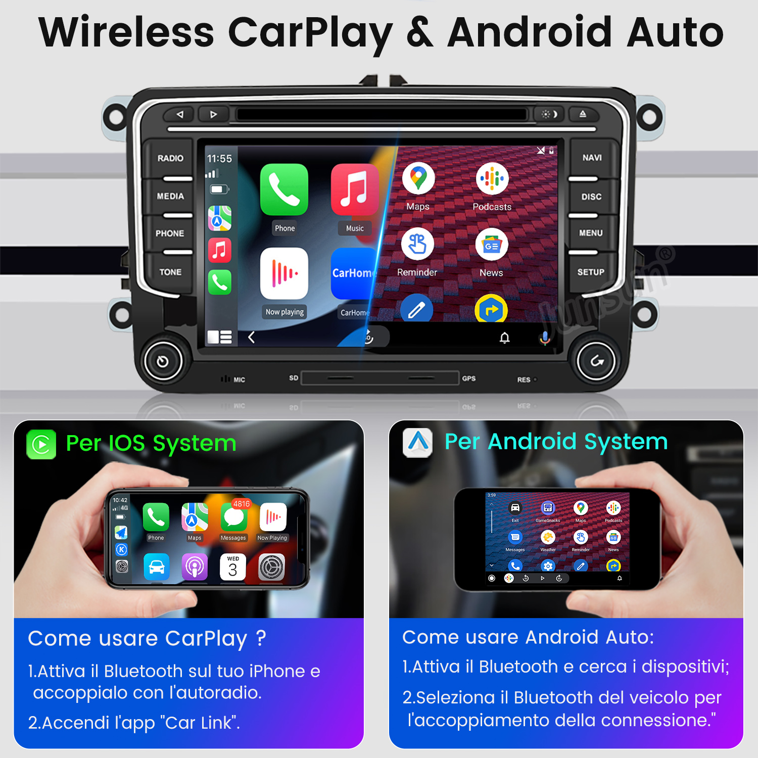 Sistema multimediale per auto con touchscreen che mostra le icone delle app. Sotto, telefoni per iOS e Android.
