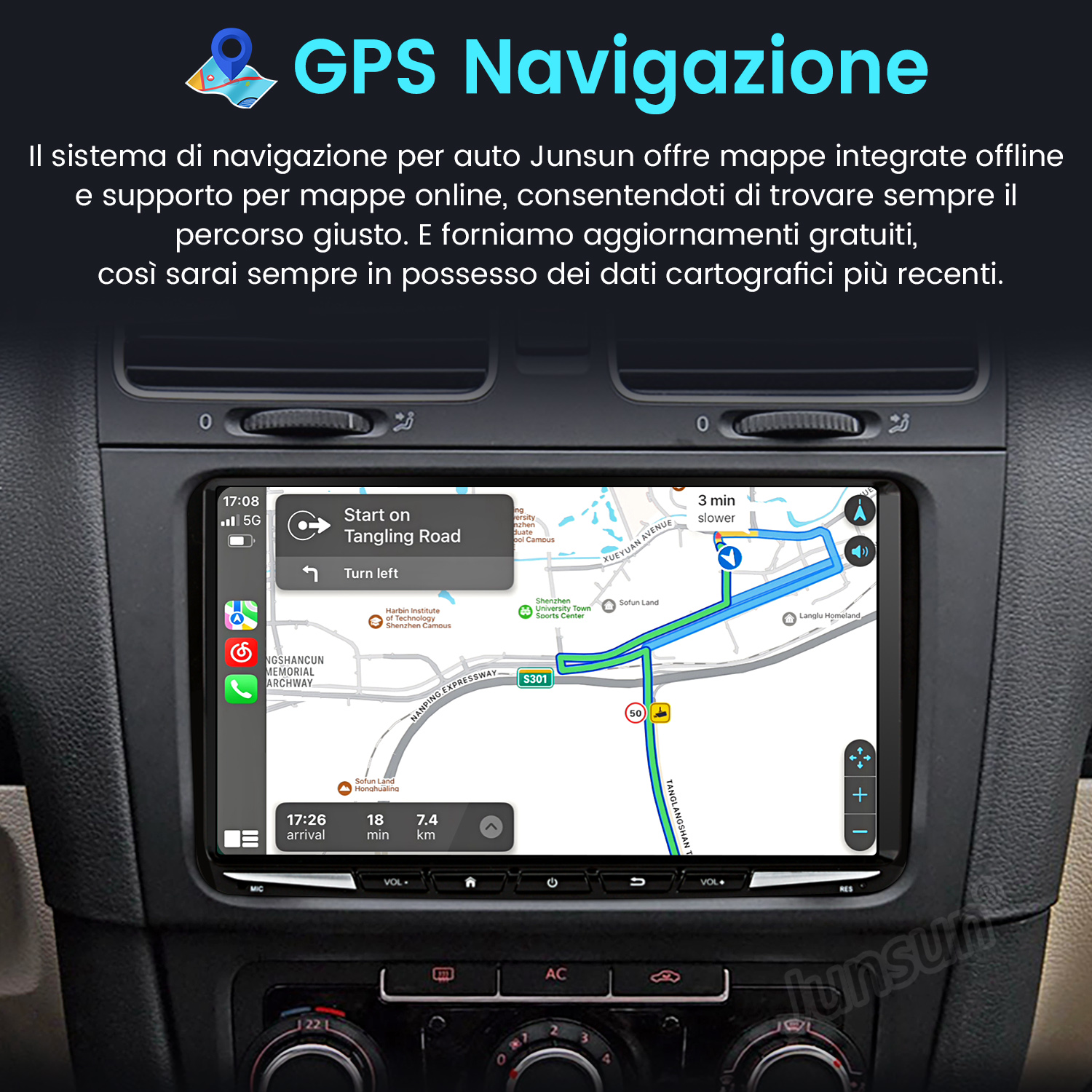 Cruscotto auto con navigazione GPS e mappa. Lo schermo mostra un percorso e punti di interesse.