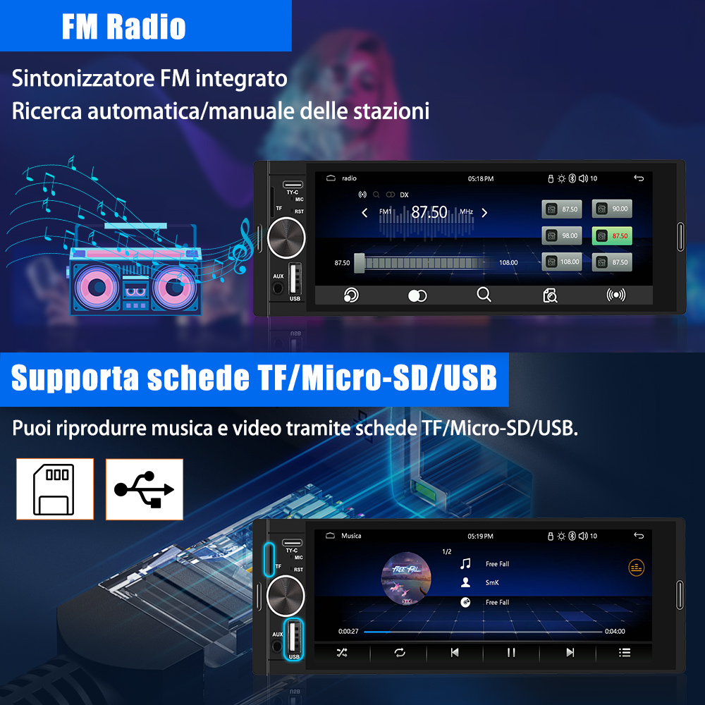 Schermo radio FM e schermo che mostra l'interfaccia musicale. Supporta schede TF e USB.