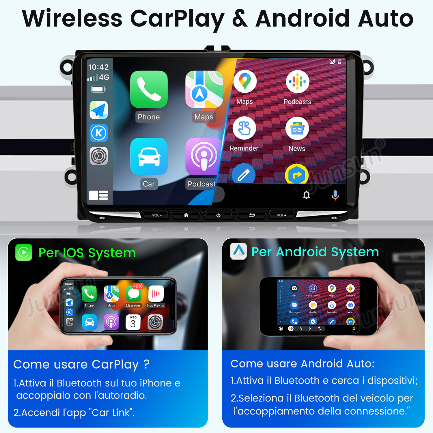 Interfacce CarPlay e Android Auto su uno schermo per auto. Mostra come connettersi per iOS e Android.