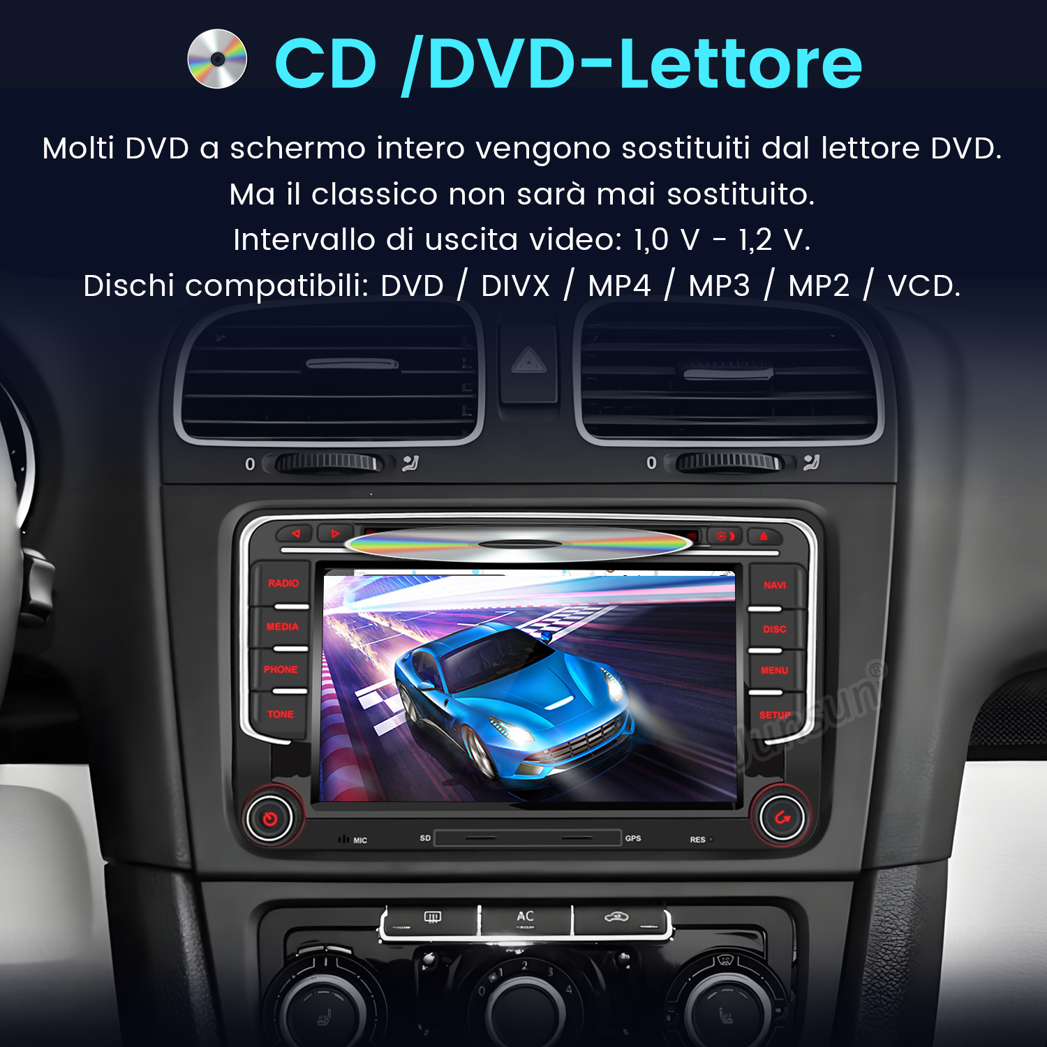 Schermo della radio dell'auto che mostra un'auto blu che corre su una pista. Pulsanti e controlli del cruscotto visibili.