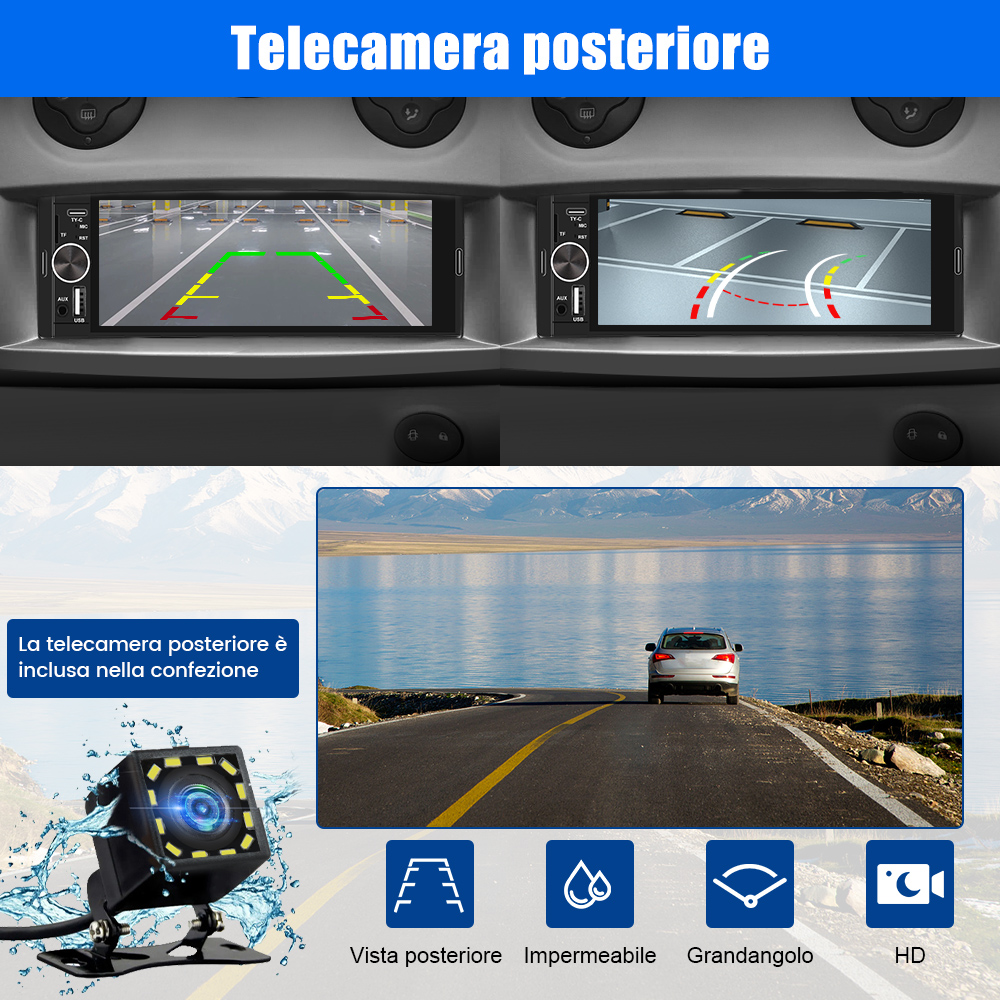 Schermo autoradio che mostra la telecamera posteriore e un'auto. Mostra vari angoli di visuale e funzioni impermeabili.
