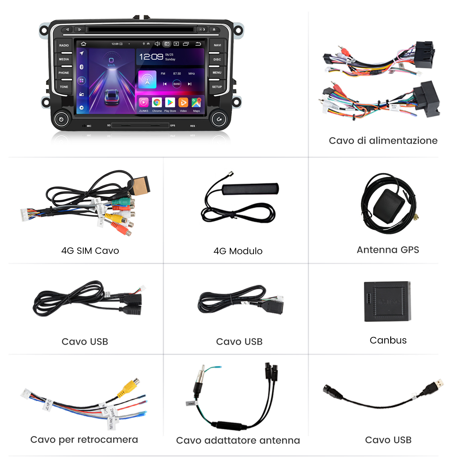 Sistema multimediale per auto e suoi componenti. Sono presenti elementi come cavi e antenna GPS.