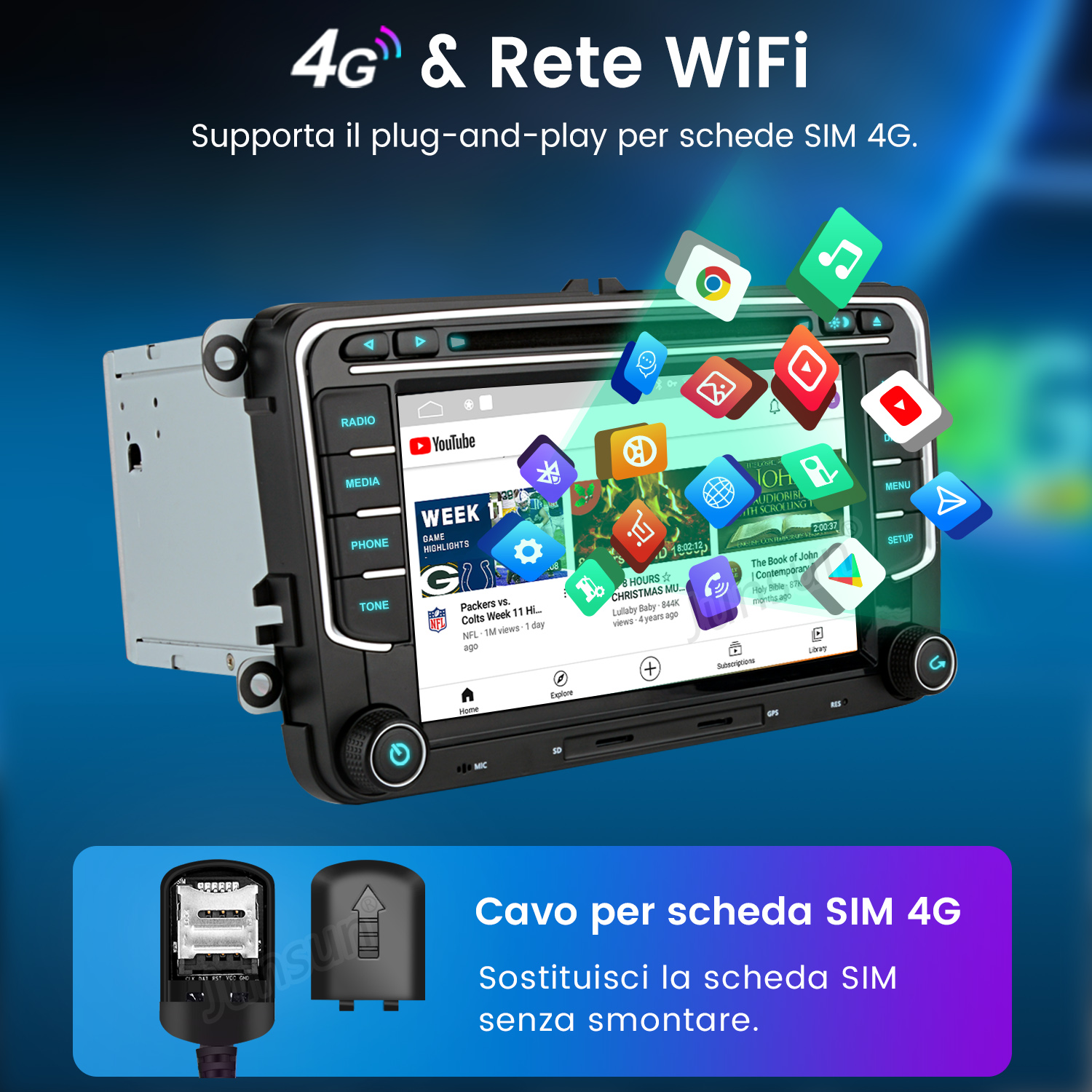 Schermo autoradio con slot per SIM card e funzionalità di rete 4G. Mostra l'interfaccia radio e le app.