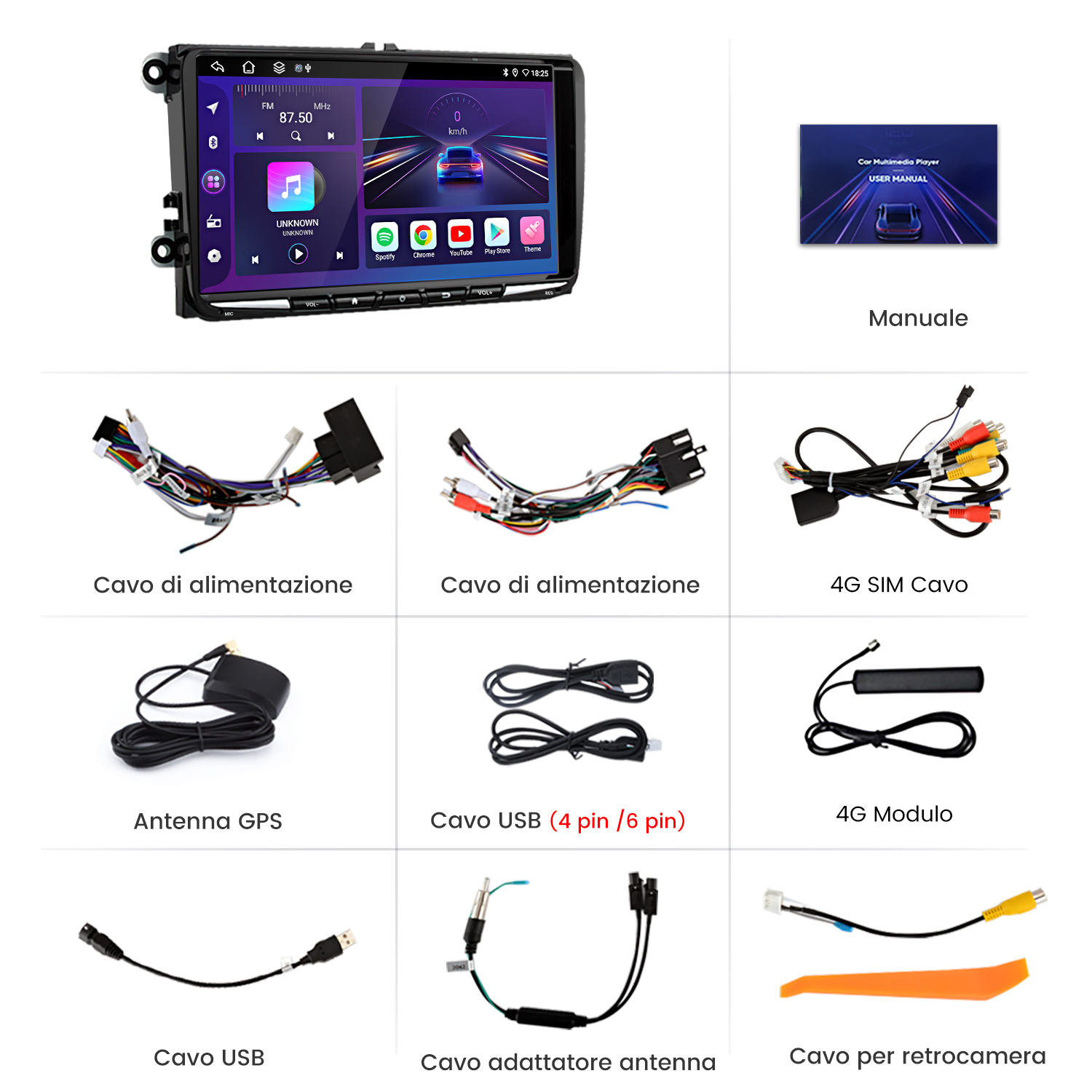 Accessori multimediali per auto: lettore, manuale, cavo alimentazione, antenna GPS, cavi USB, cavo telecamera posteriore.