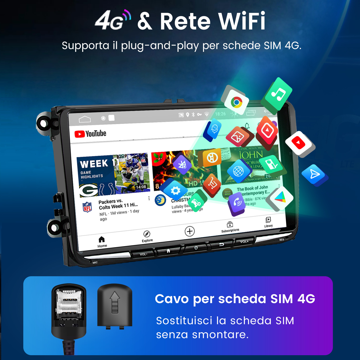 Schermo autoradio che mostra YouTube e altre app con uno slot per schede SIM.