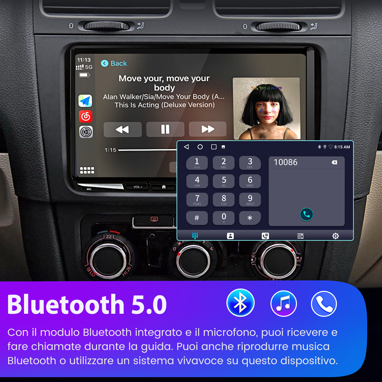 Schermo autoradio che riproduce musica, con tastierino numerico e icone Bluetooth 5.0.