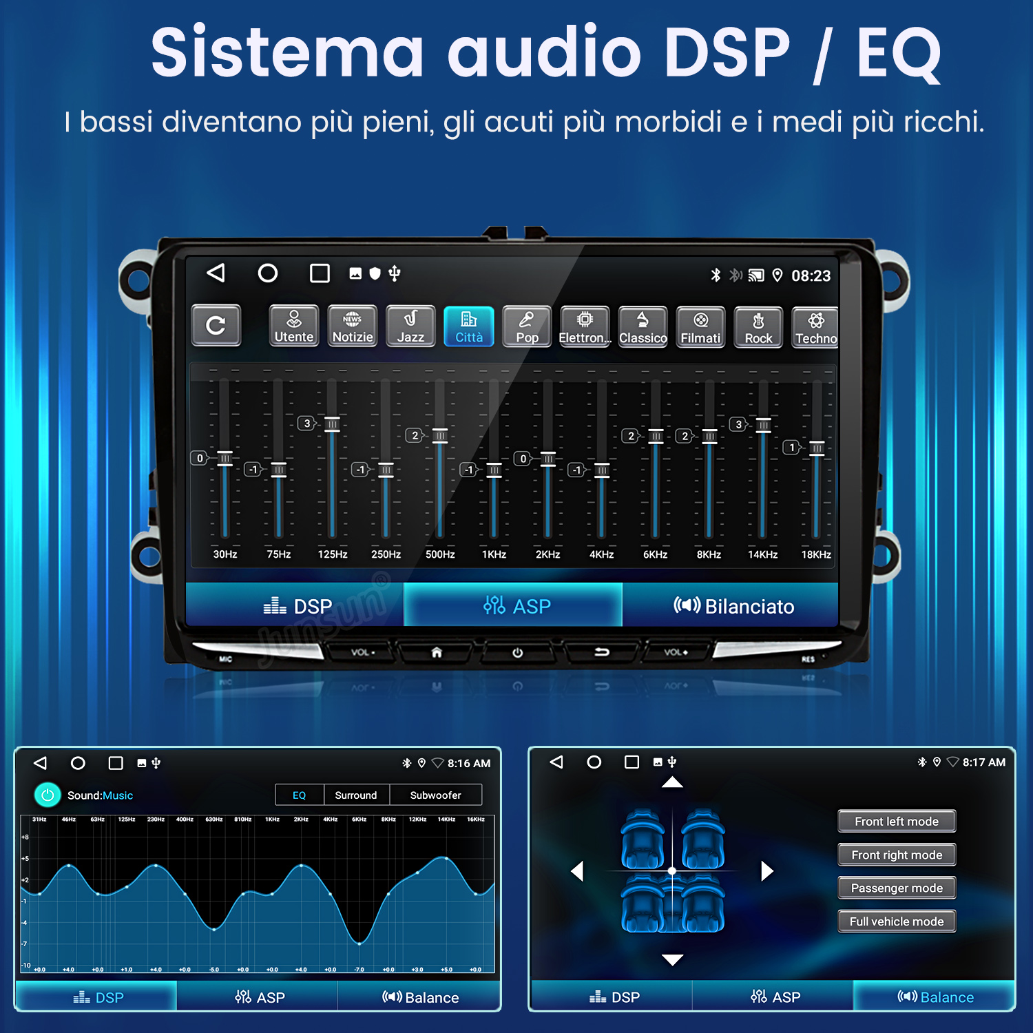 Schermo audio auto con impostazioni equalizzatore. Mostra impostazioni musicali e diagramma interno auto.