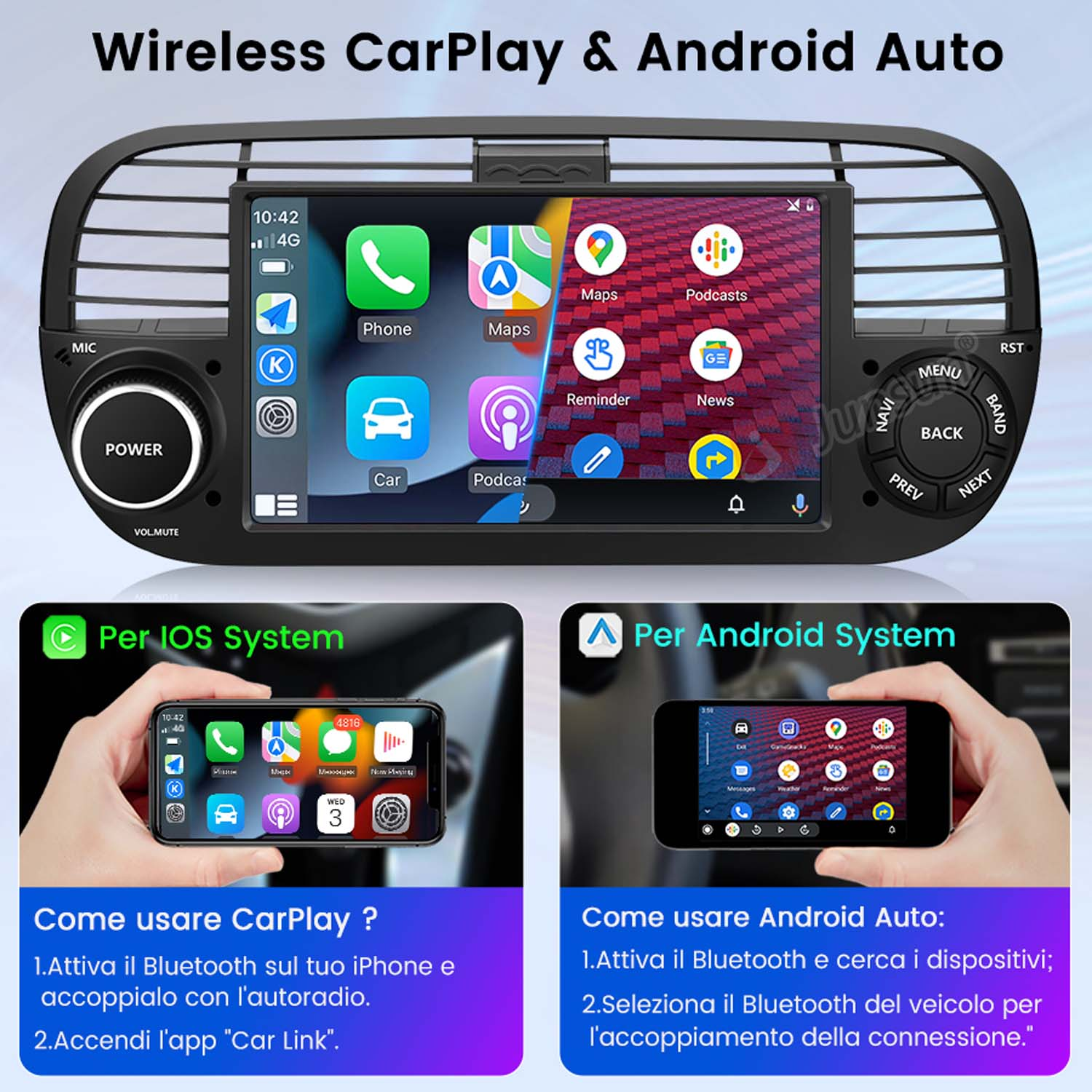 4+128G Motorsi Carplay Autoradio per Fiat 500 2007-2015 con Wireless Android Auto, Bluetooth Car Stereo Schermo con ASP/GPS Navigation/WiFi/FM/RDS/SWC/USB/Mirror Link/Canbus+AHD/CVBS Telecamera