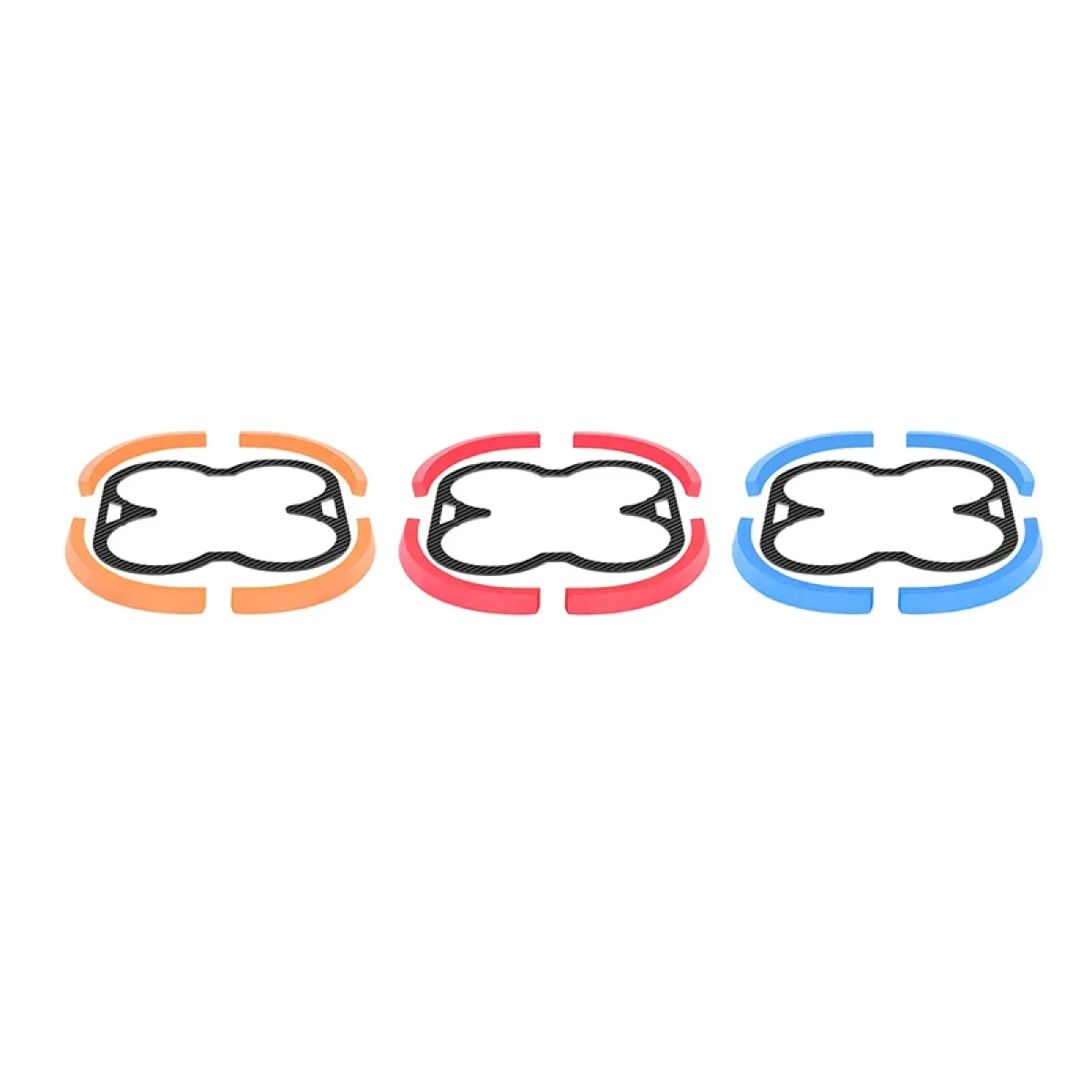 Tre inserti colorati e circolari per custodie per telefoni. Arancione, rosso e blu, con dettagli neri.