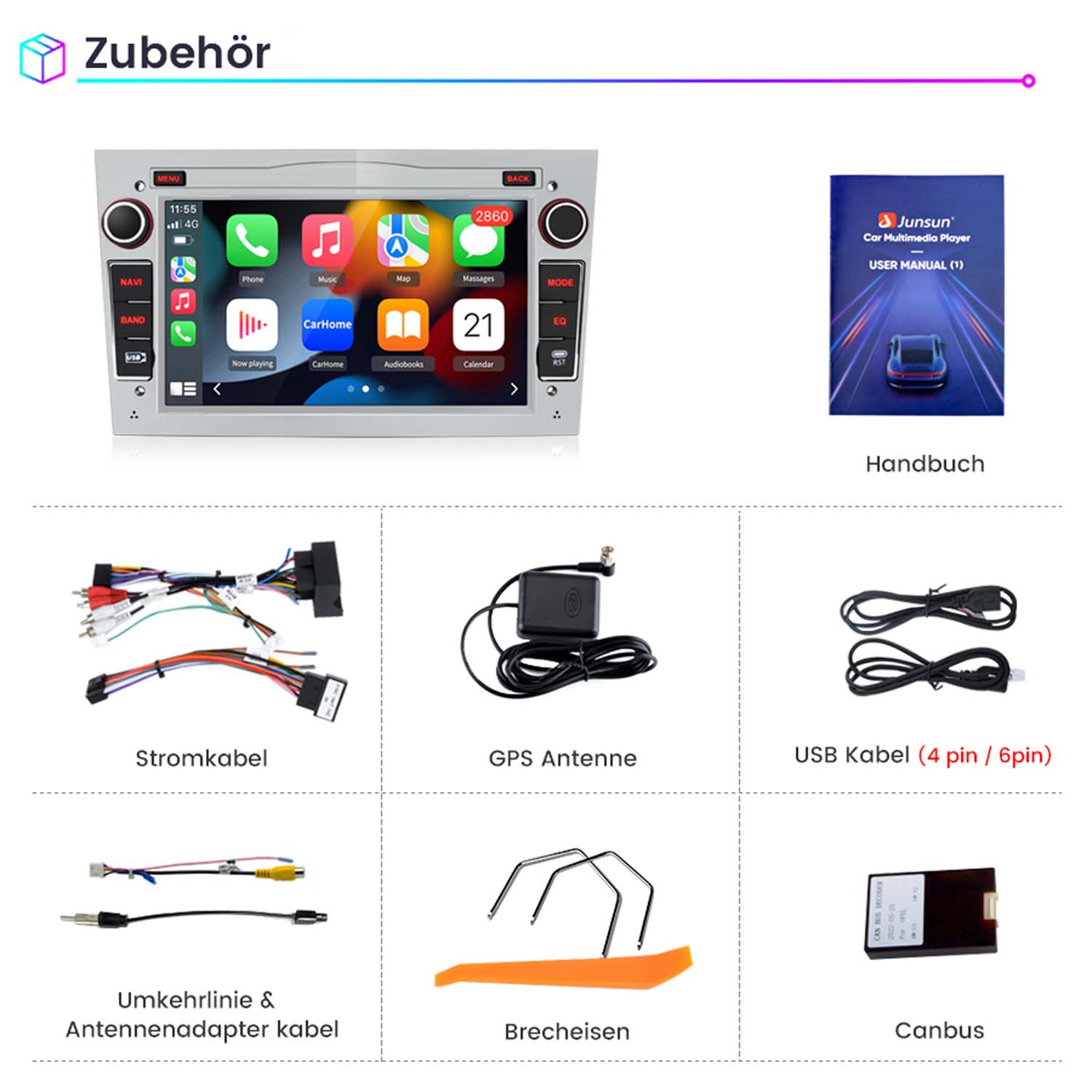Accessori per lettore multimediale per auto disposti su una superficie bianca. Gli articoli includono cavi, antenna GPS e manuale utente.