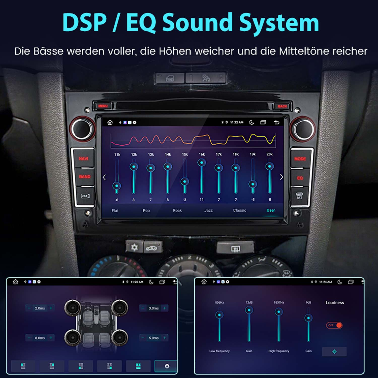Schermo multimediale per auto che mostra le impostazioni del sistema audio, incluso l'EQ.