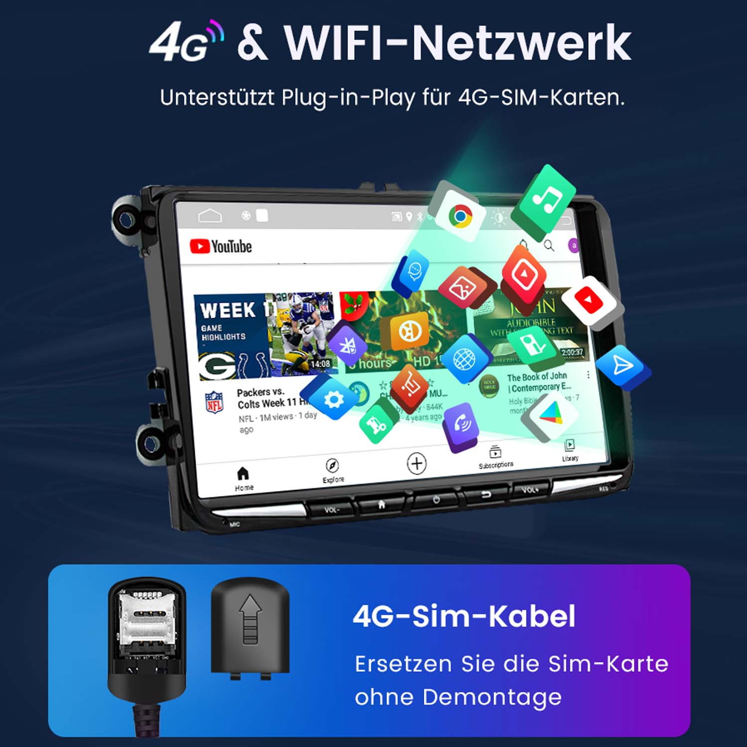Sistema multimedia para automóvil que muestra varios iconos de aplicaciones, incluidos YouTube y redes sociales.