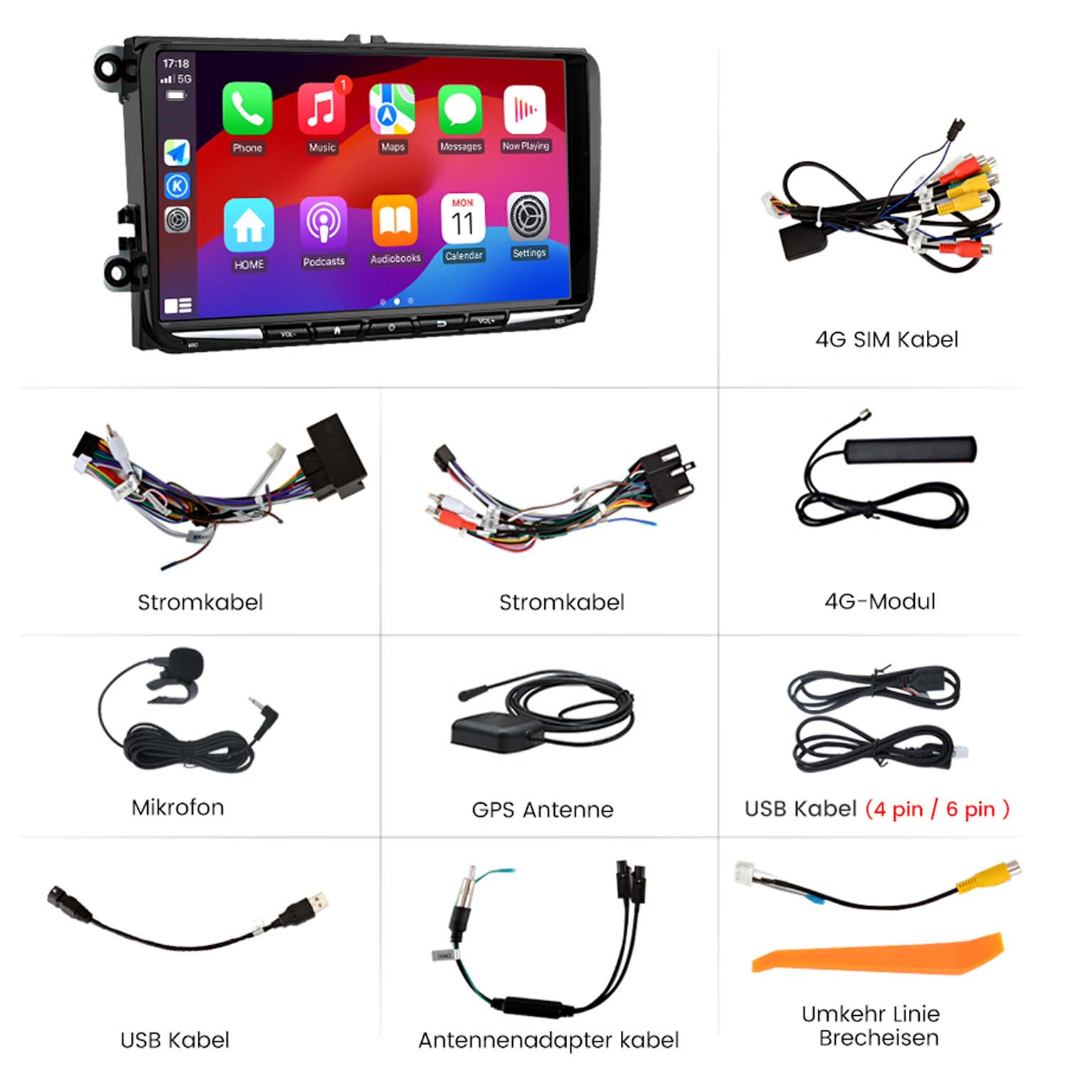 Ekran radia samochodowego z ikonami oraz różnymi kablami i akcesoriami.