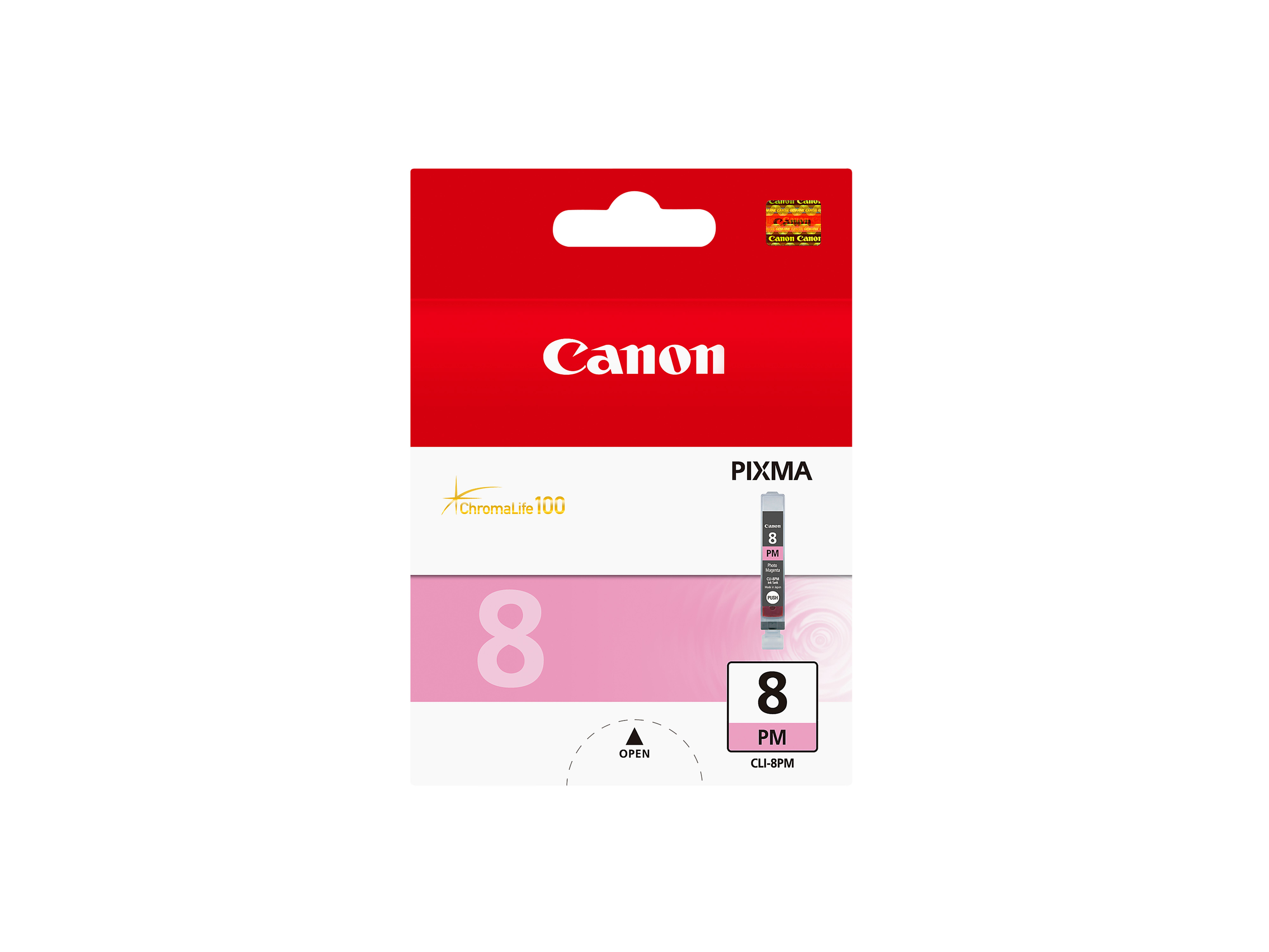 Canon inktcartridge verpakking. De verpakking is rood, wit en roze.