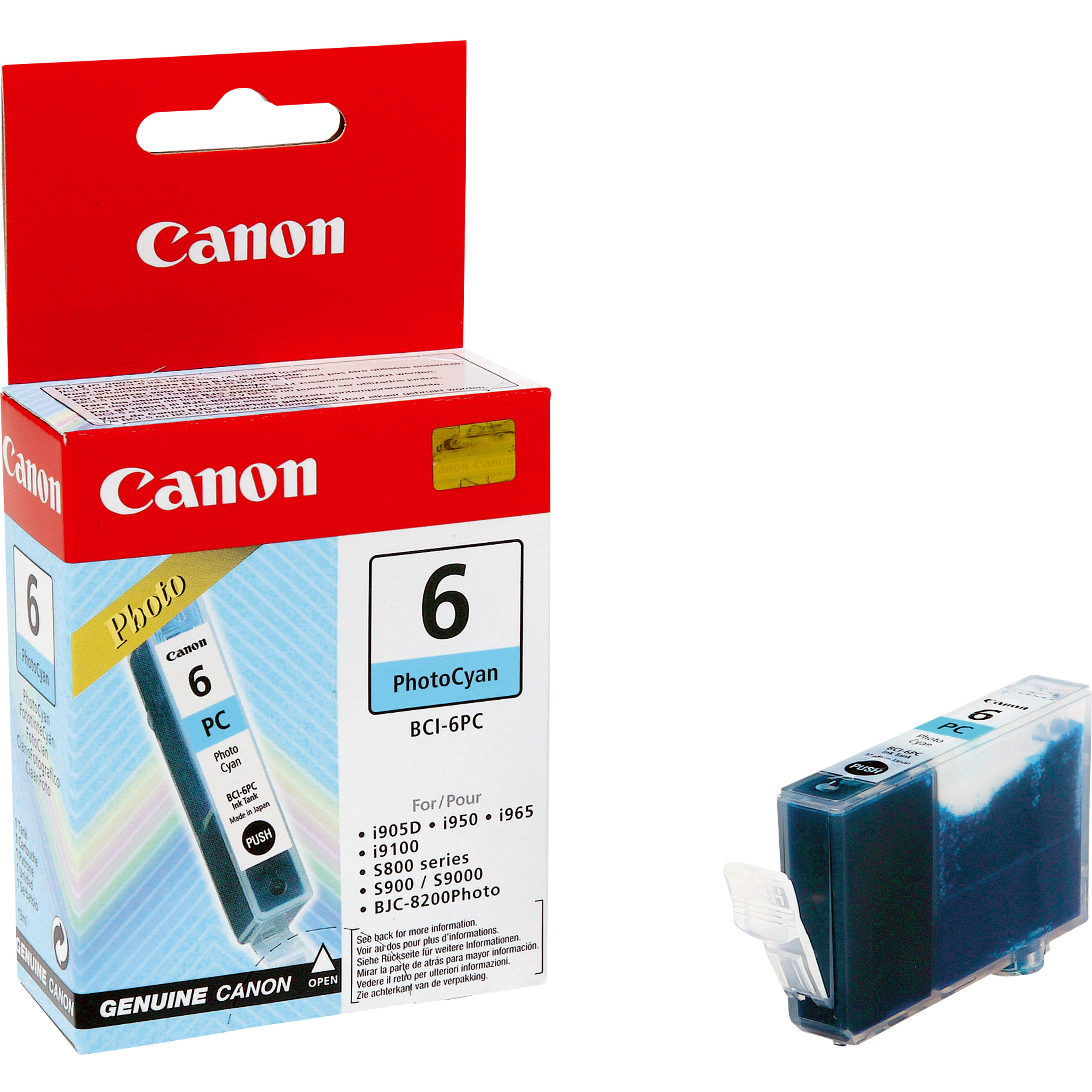 Canon PhotoCyan inktcartridge. Doos met cartridge, BCI-6PC, en een aparte cartridge.