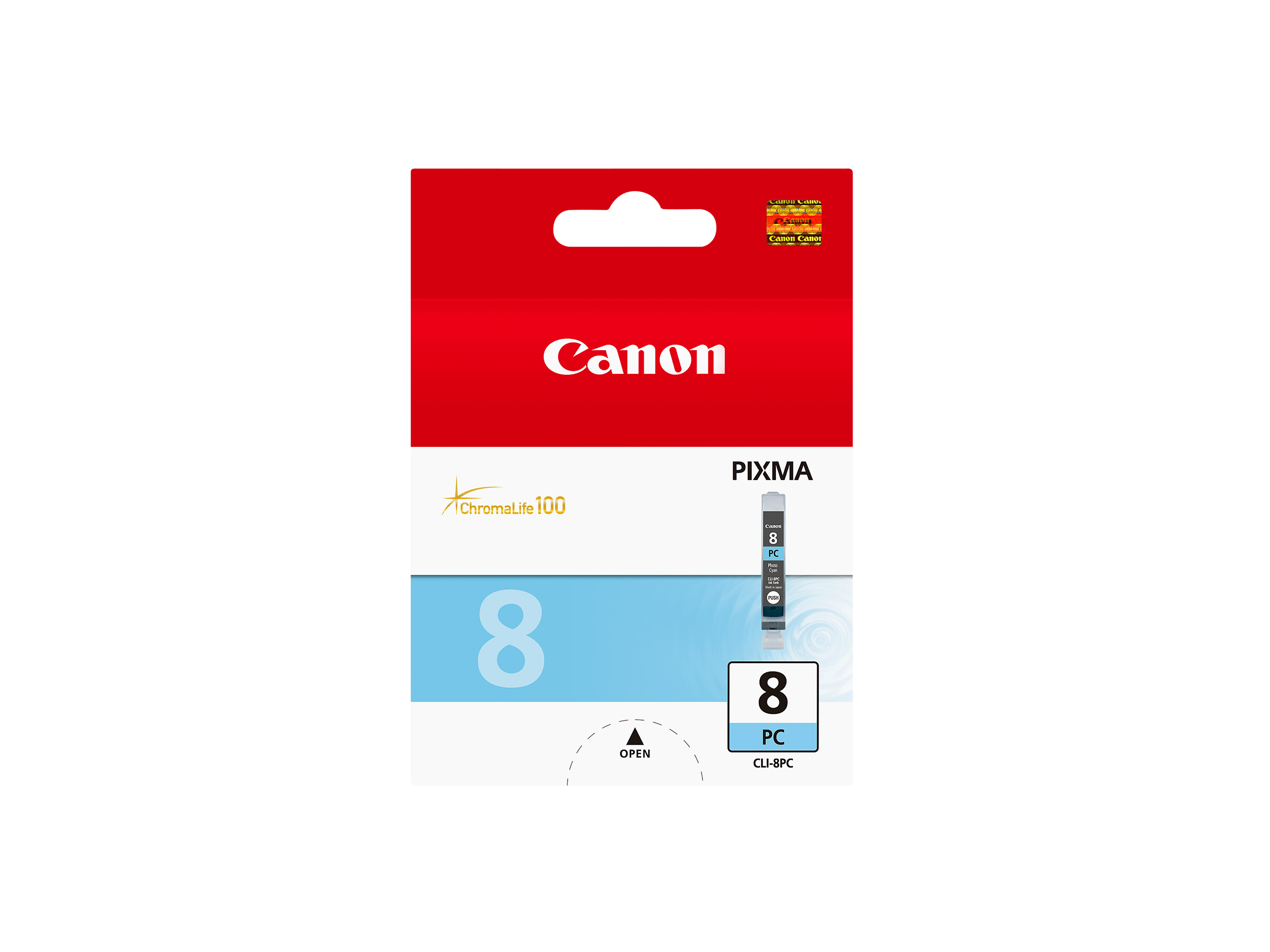 Canon Pixma inktcartridge doos, blauwe inktcartridge zichtbaar.