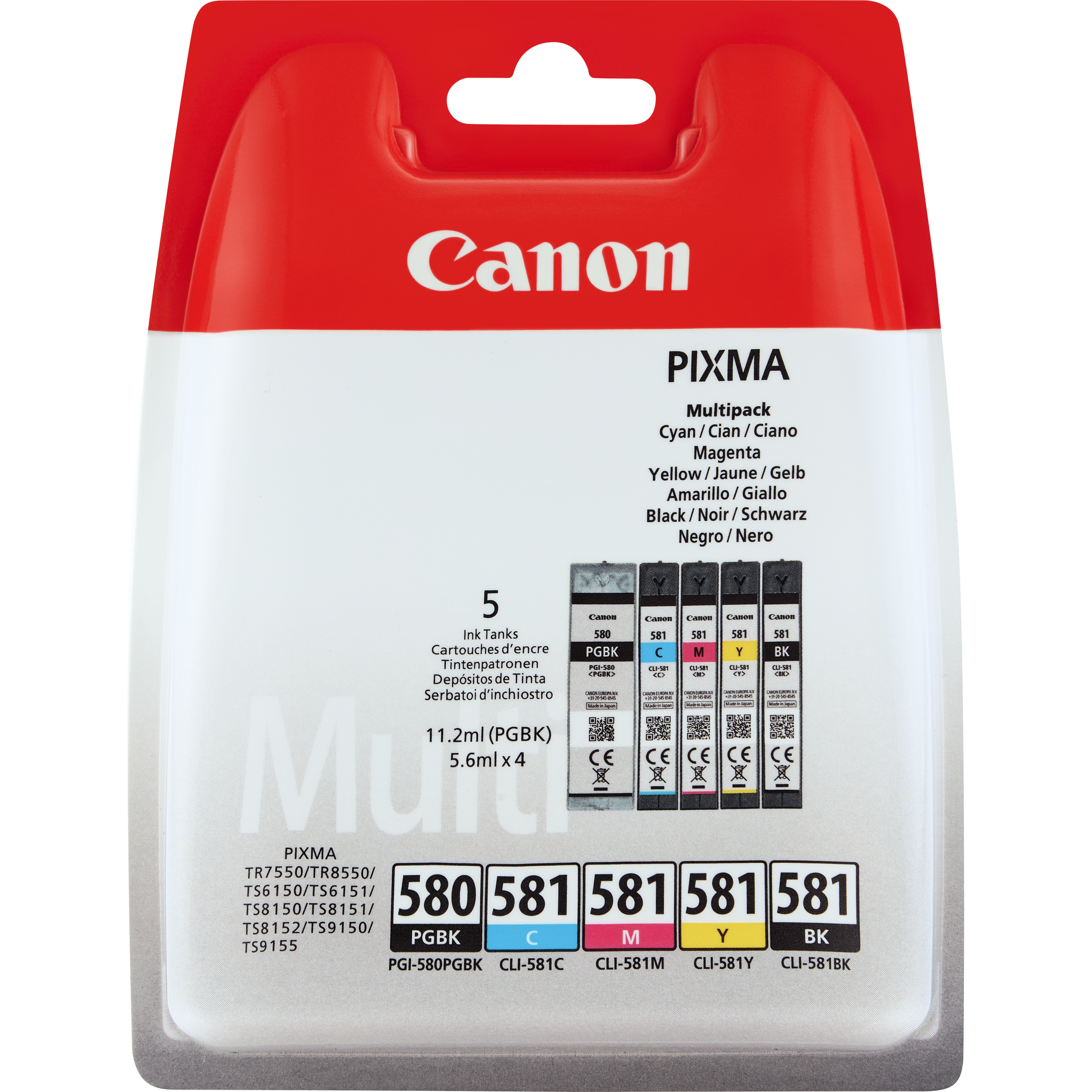 Canon PIXMA Tintenpatronenpackung mit 5 Patronen in Cyan, Magenta, Gelb, Schwarz und Schwarz.