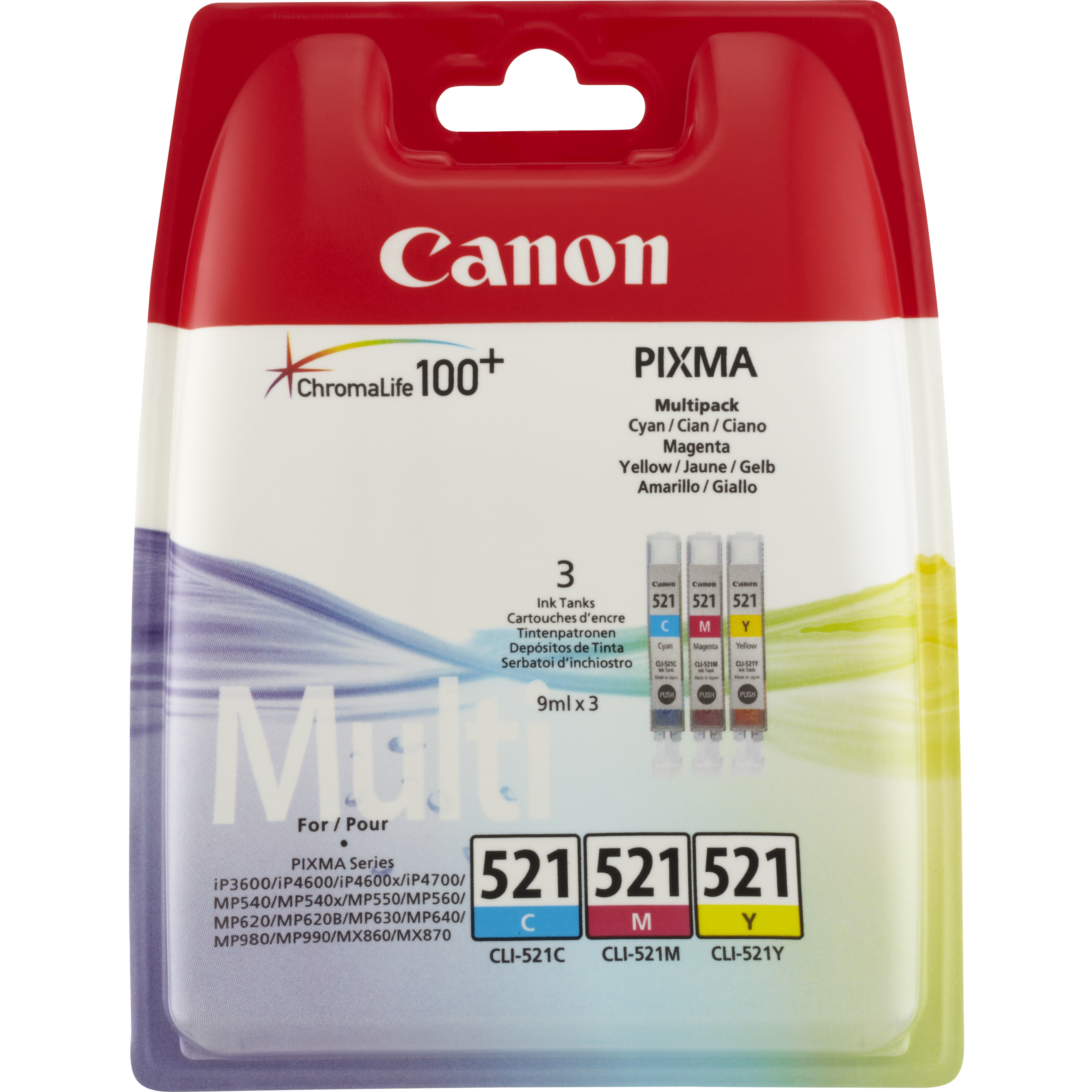 Eine Canon Tintenpatronen-Verpackung mit mehrfarbigen Tintenpatronen im Inneren.