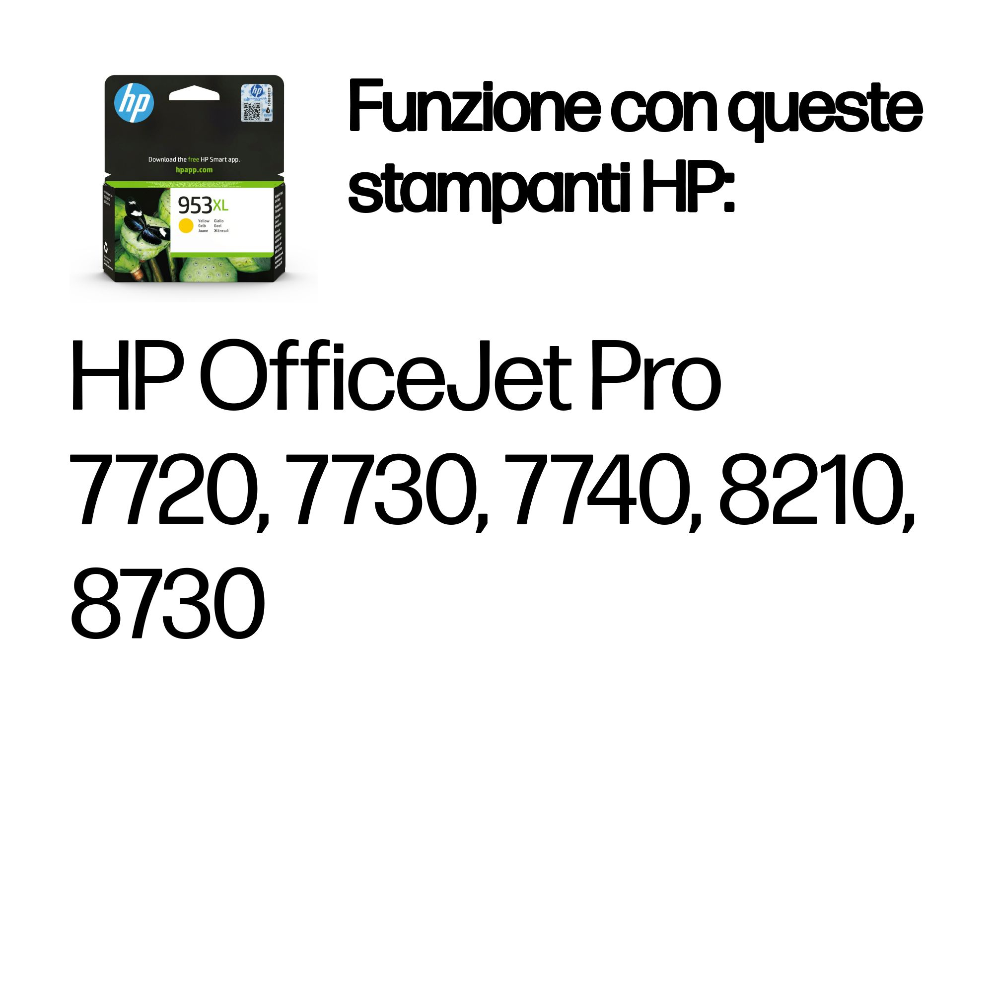 Caja de cartucho de tinta HP con texto y modelos de impresora.