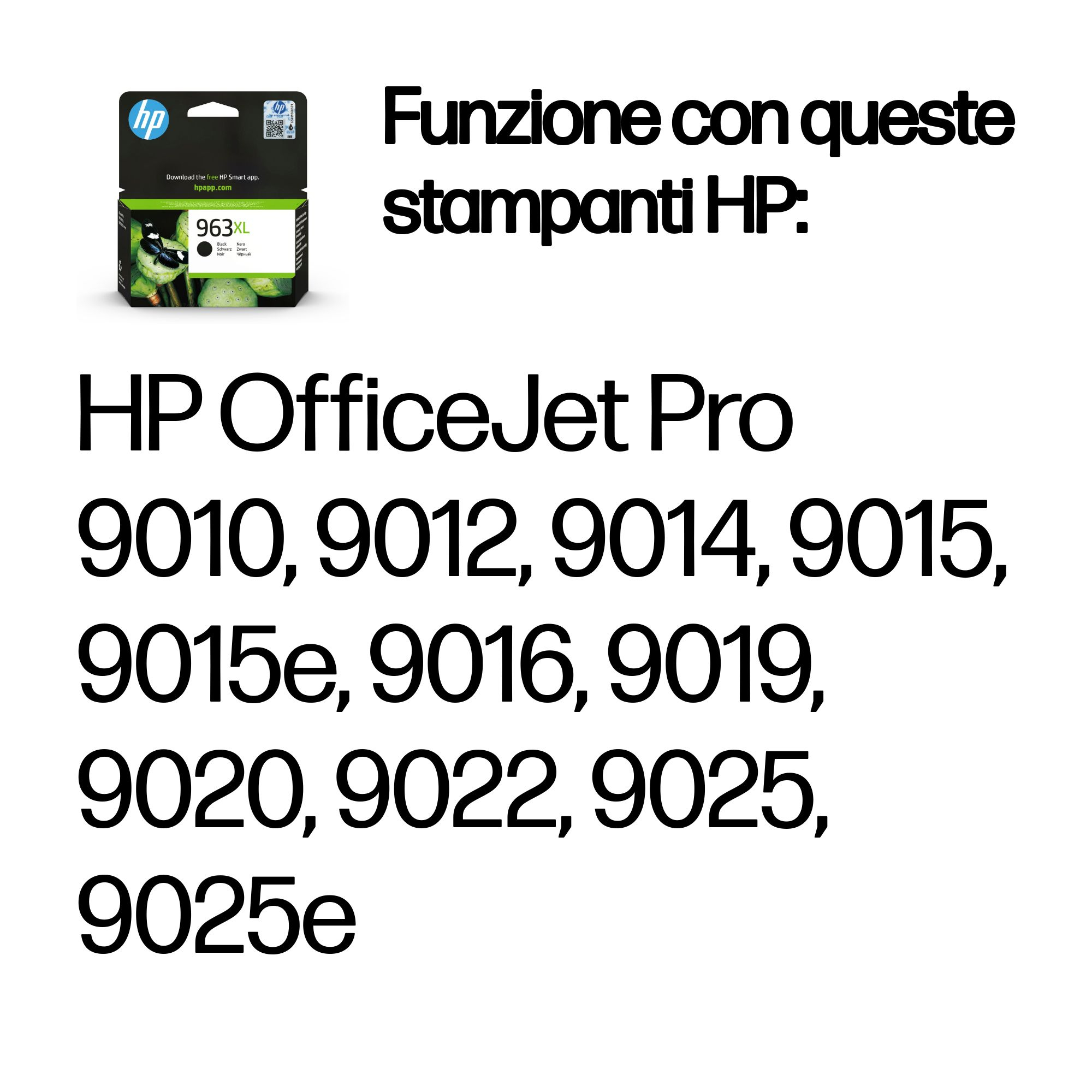 A package with HP printer ink, and a list of HP printer models that the ink is compatible with.