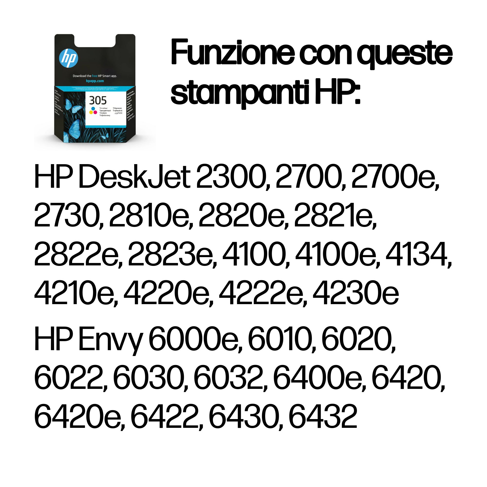 Een zwart-gele HP-printerinktcartridge met een lijst met compatibele HP-printers.