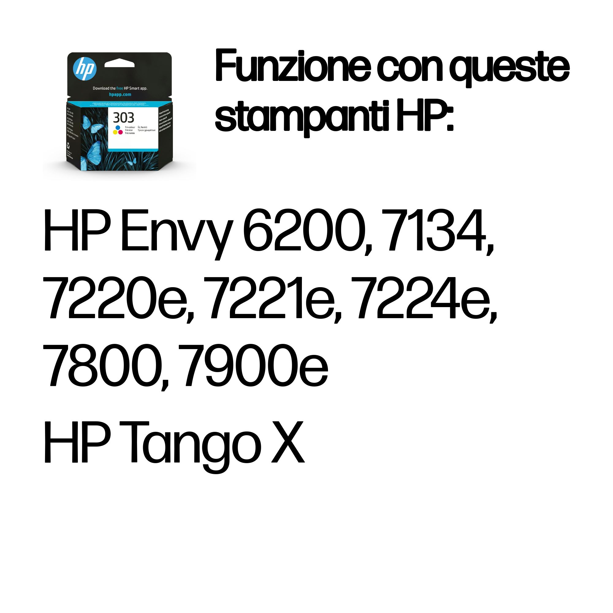 Embalaje de cartucho de tinta HP. El texto enumera las impresoras HP Envy y Tango X compatibles.