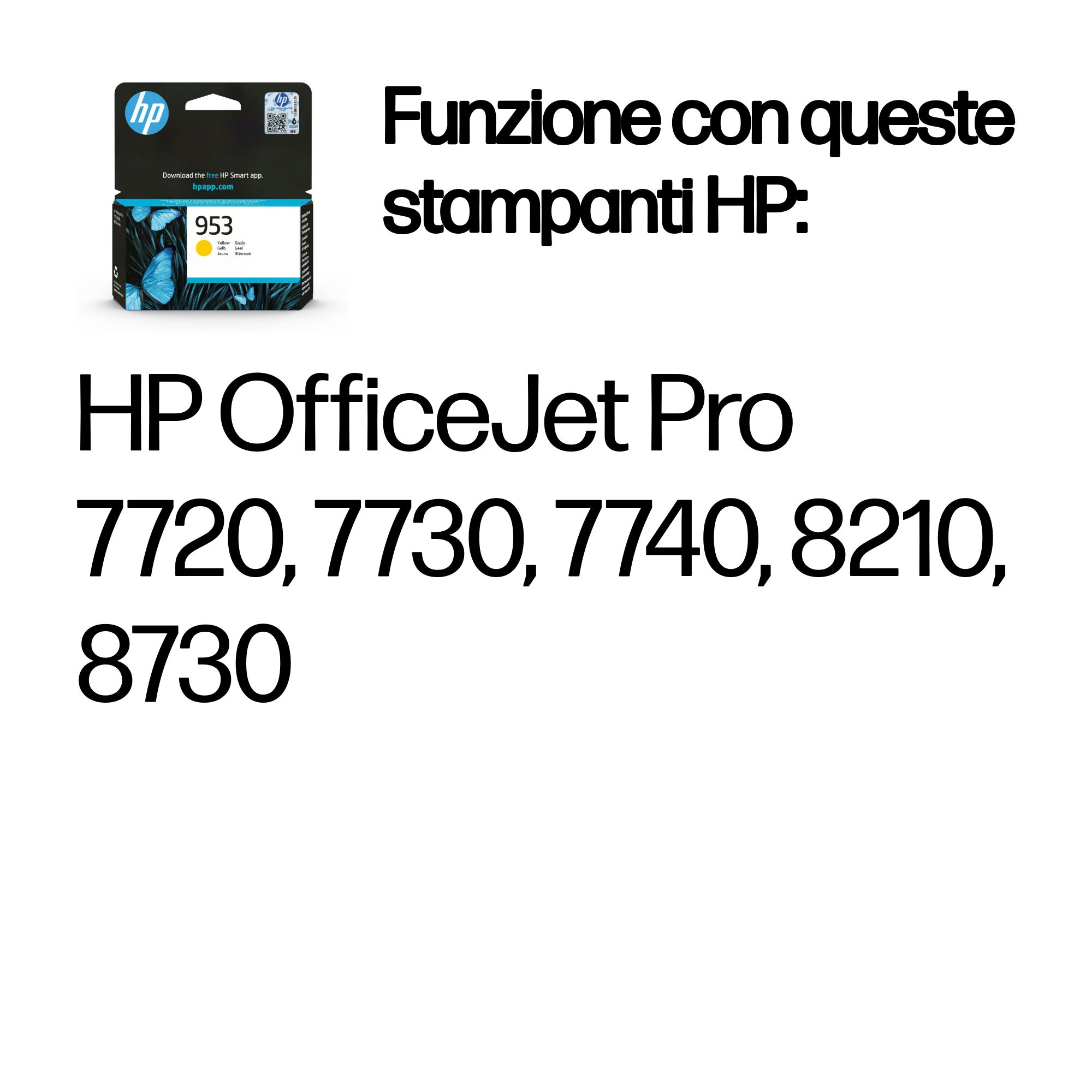 Une cartouche d'encre HP avec du texte, indiquant la compatibilité du modèle d'imprimante. La cartouche est noire et jaune.