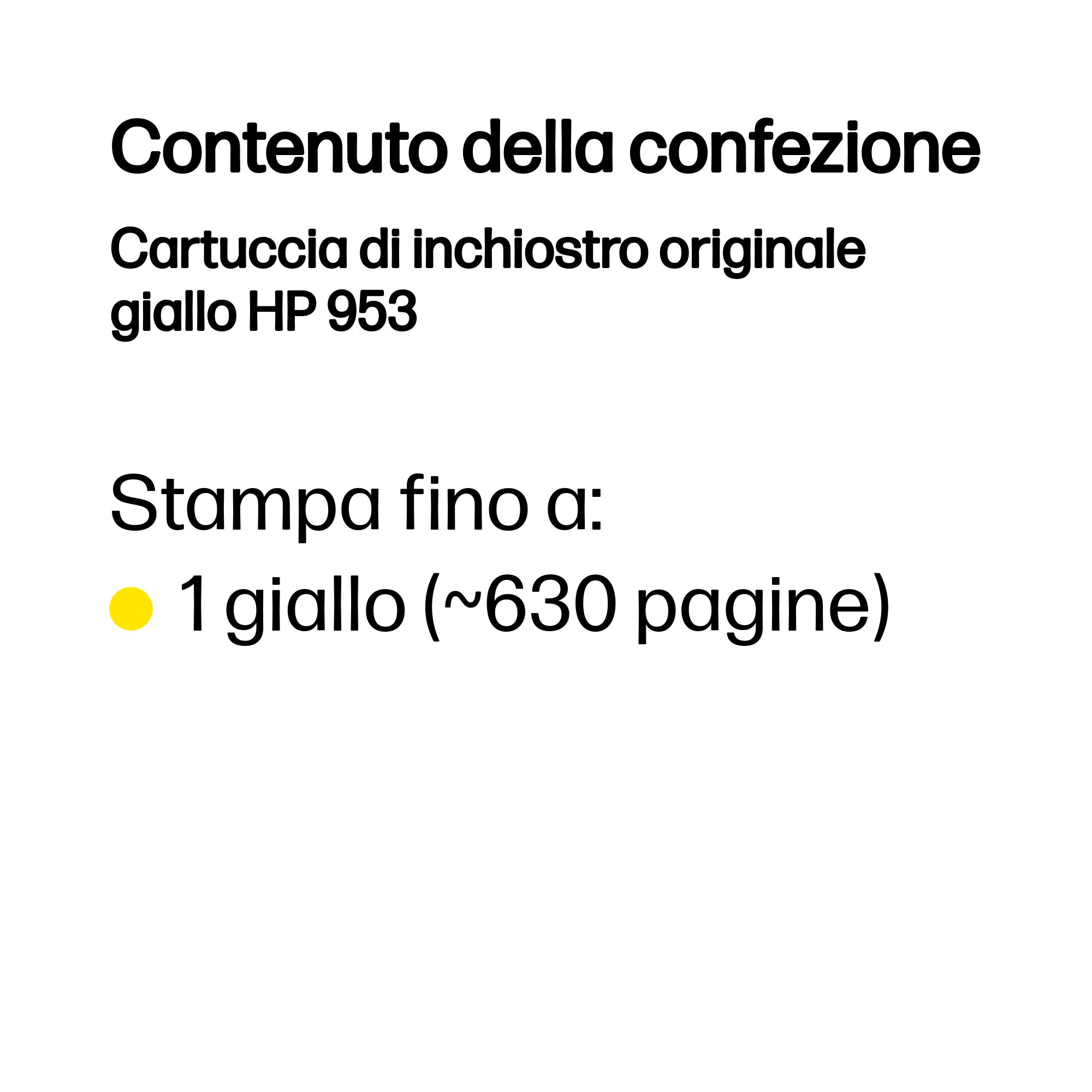 Texte sur une cartouche d'encre jaune HP 953 avec un rendement d'environ 630 pages.