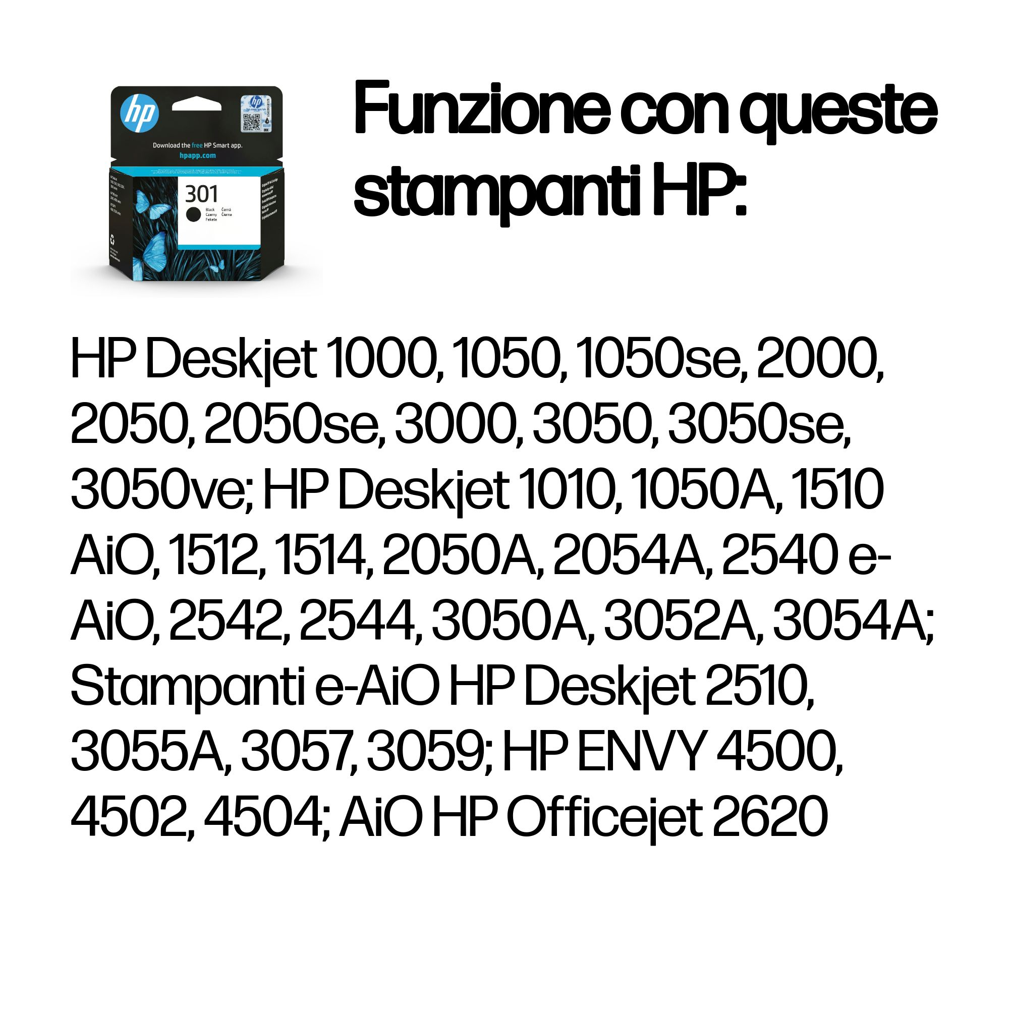 Cartuccia d'inchiostro HP con un elenco di stampanti compatibili.