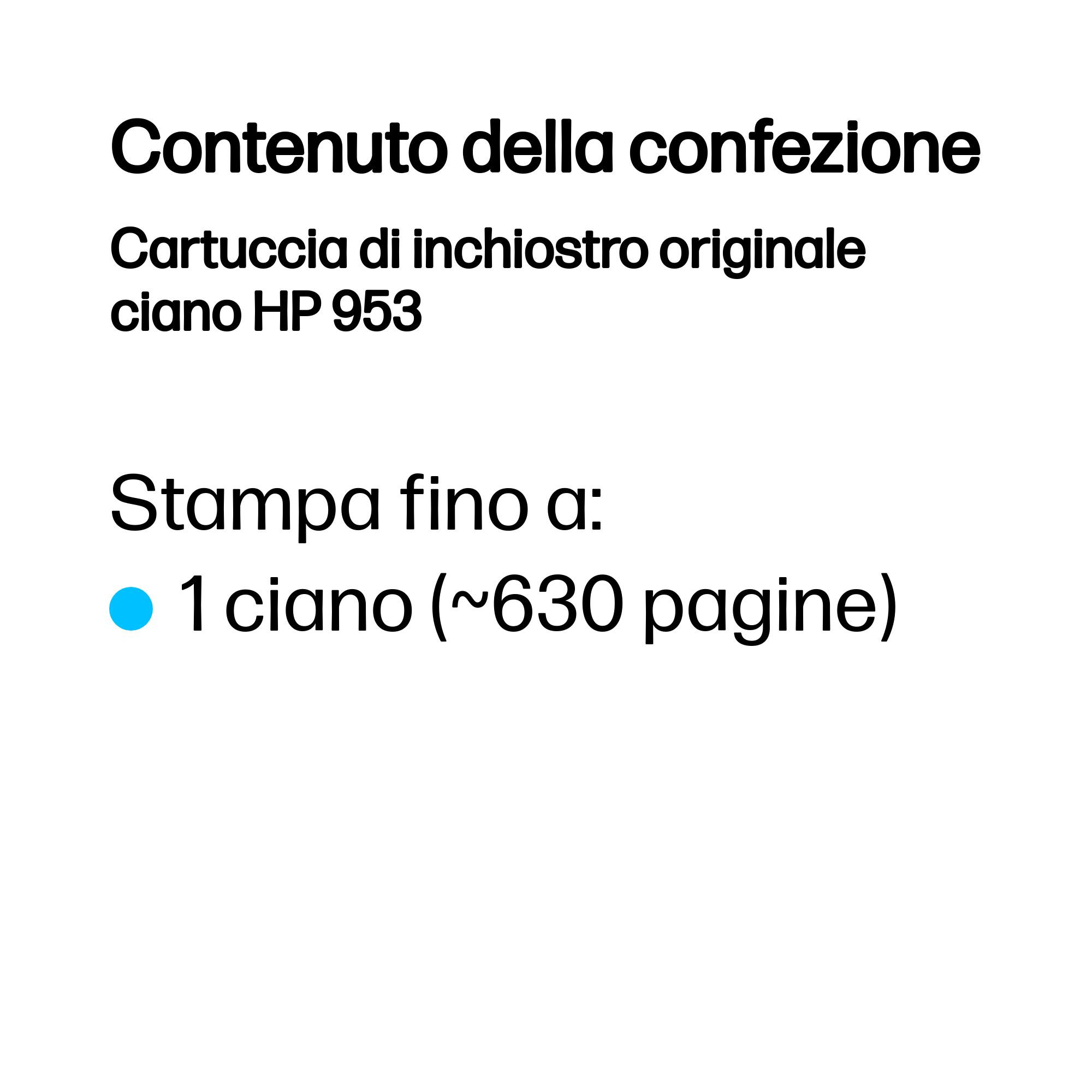 Texte en italien montrant le contenu d'une cartouche d'encre cyan, estimé pour imprimer 630 pages.