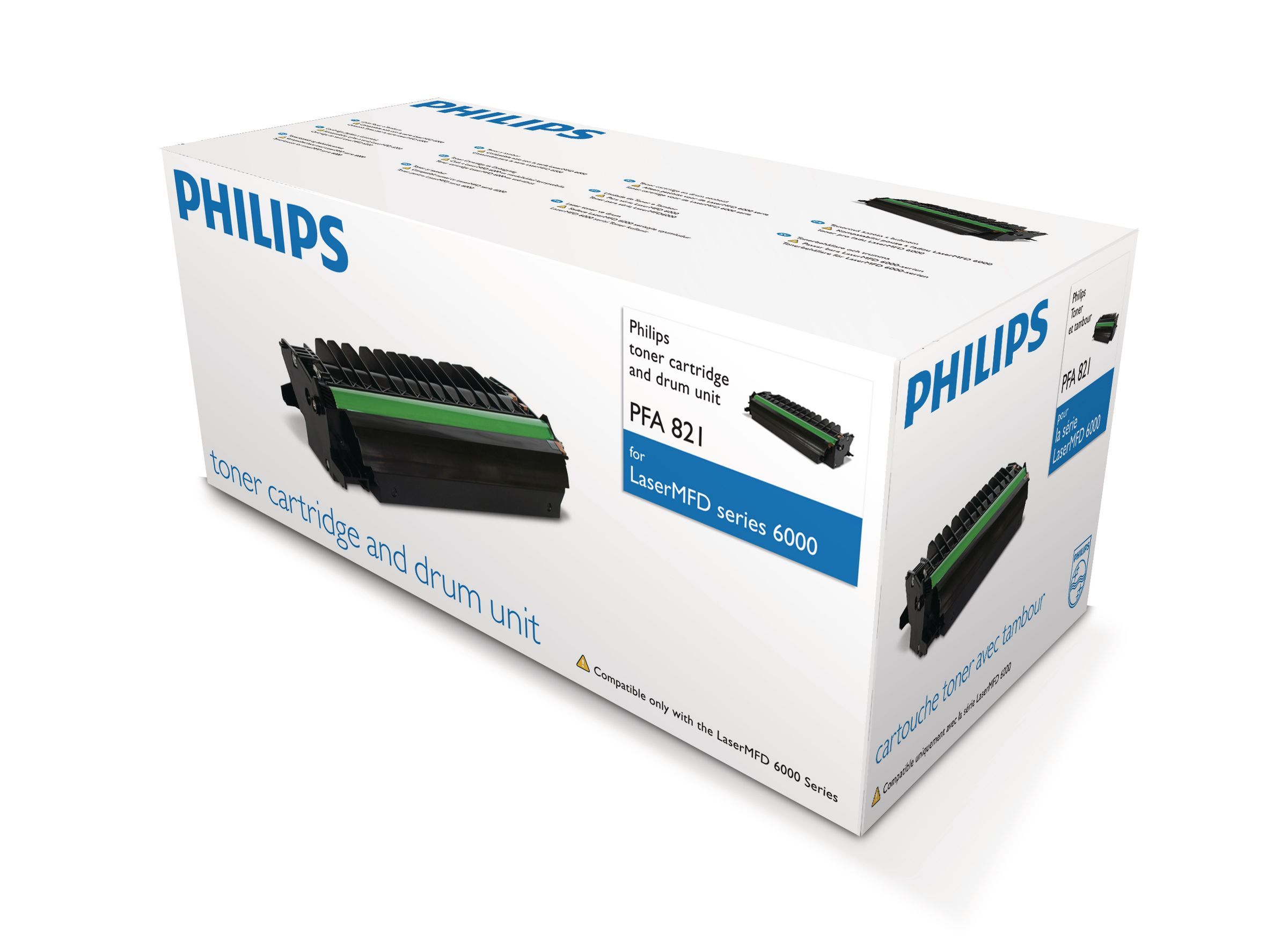 Weiße und grüne Philips Tonerpatronenbox. Schwarze Tonerkartusche sichtbar.