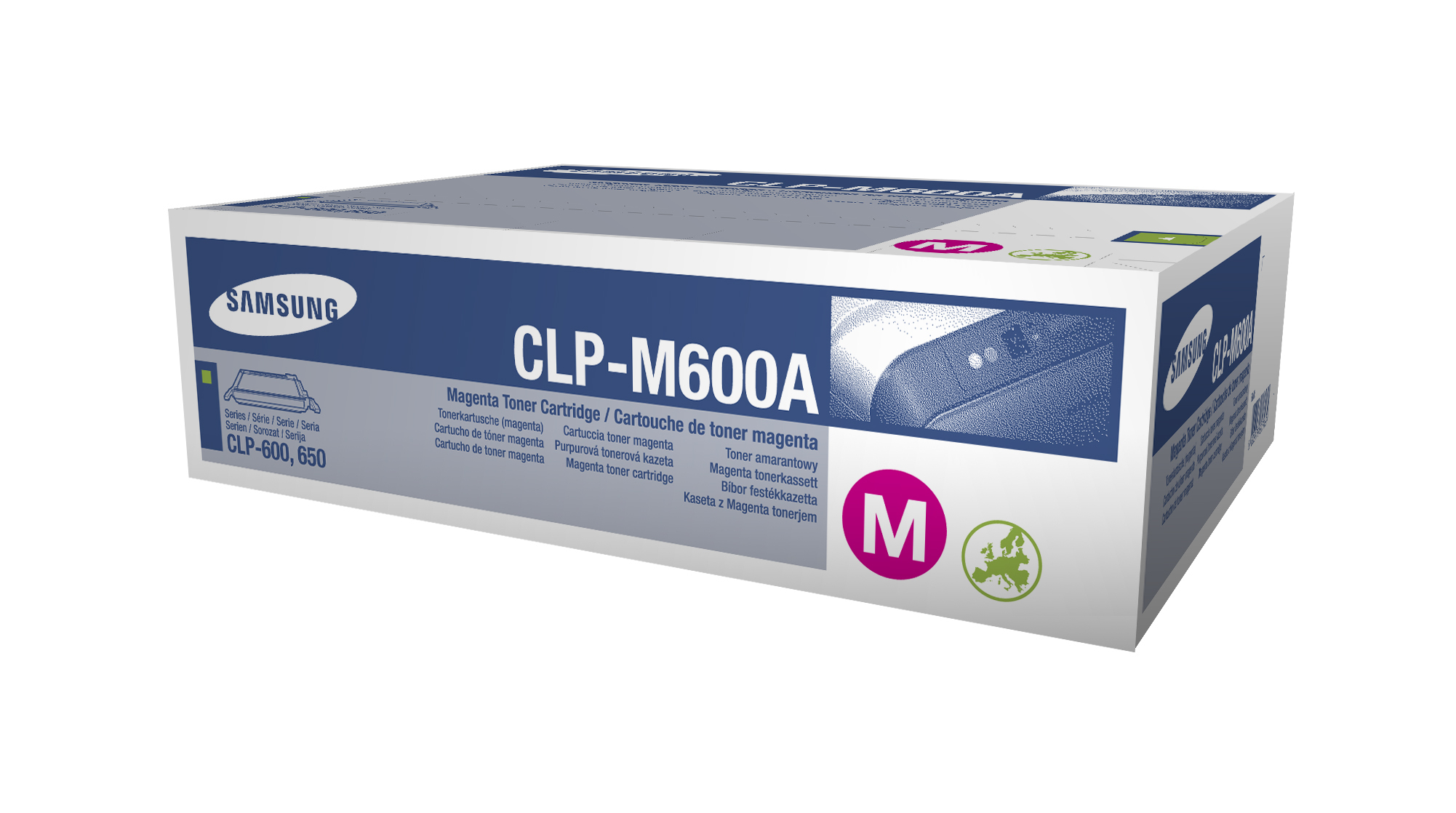Una scatola di cartucce toner per stampanti Samsung con l'etichetta 'CLP-M600A' e 'Magenta Toner Cartridge'.