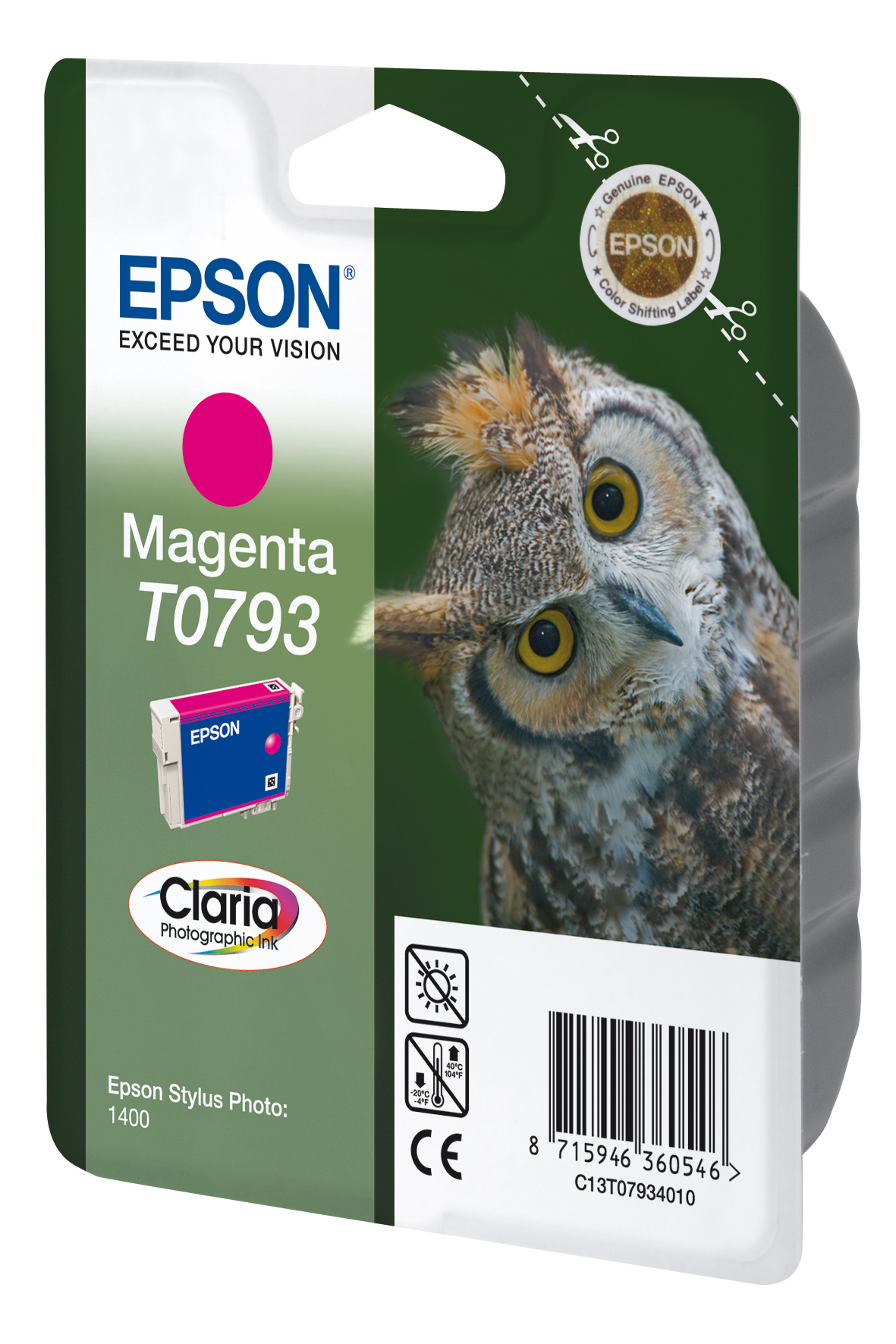 Epson magenta inktcartridge verpakking met een uilenafbeelding. Witte achtergrond.