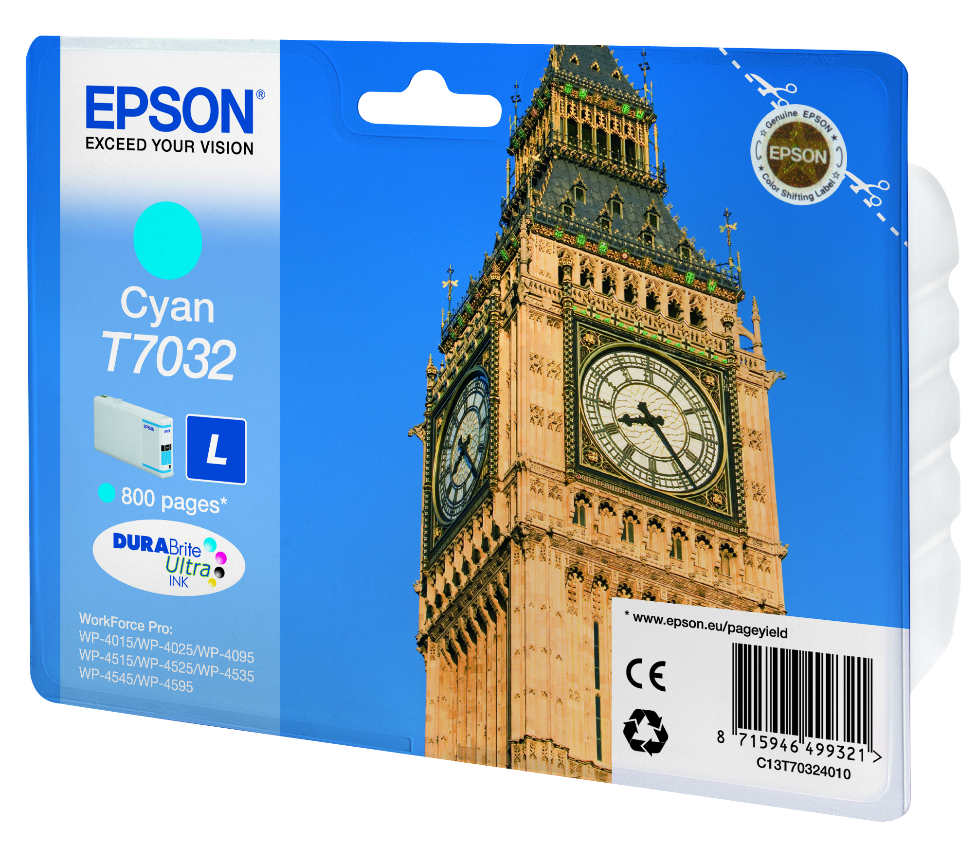 Eine Epson Cyan-Tintenpatrone mit dem Big Ben im Hintergrund.