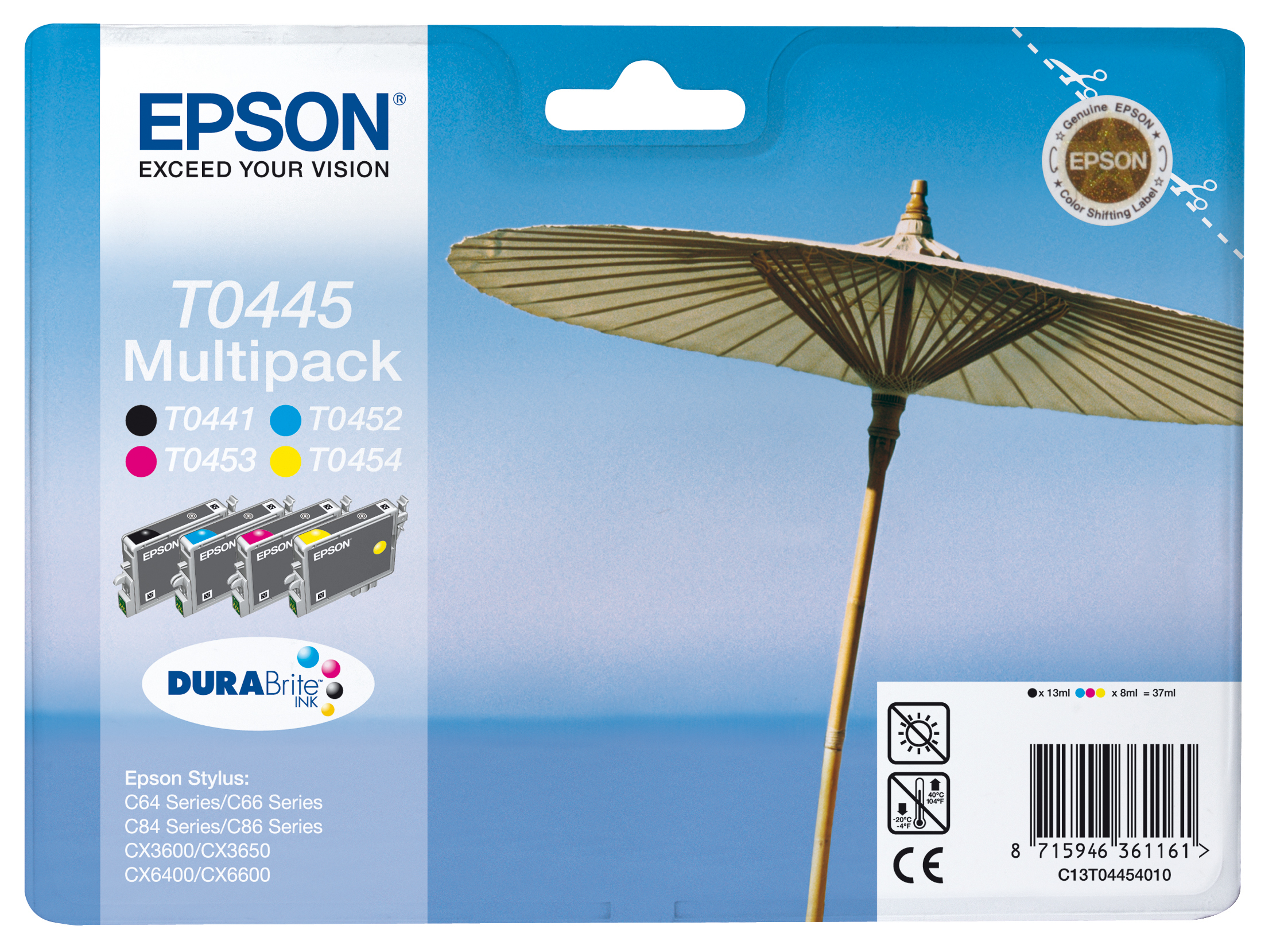 Epson T0445 Tinten-Multipack und ein Sonnenschirm. Text auf der Box: T0445 Multipack.
