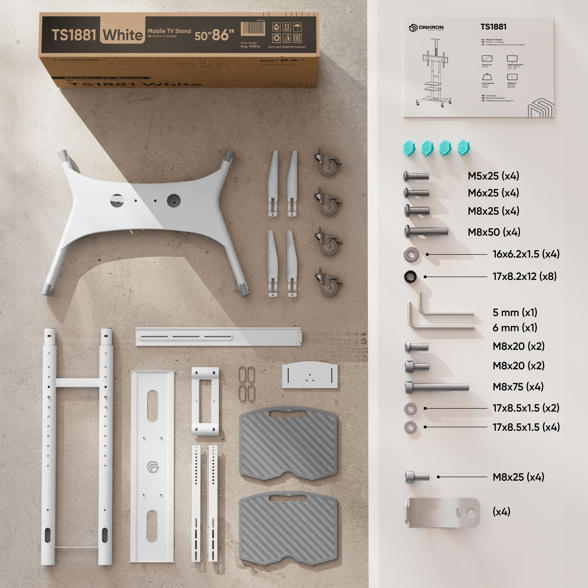 Biały stojak pod telewizor ze śrubami i częściami. Pudełko pokazuje obrazek stojaka pod telewizor i instrukcje.