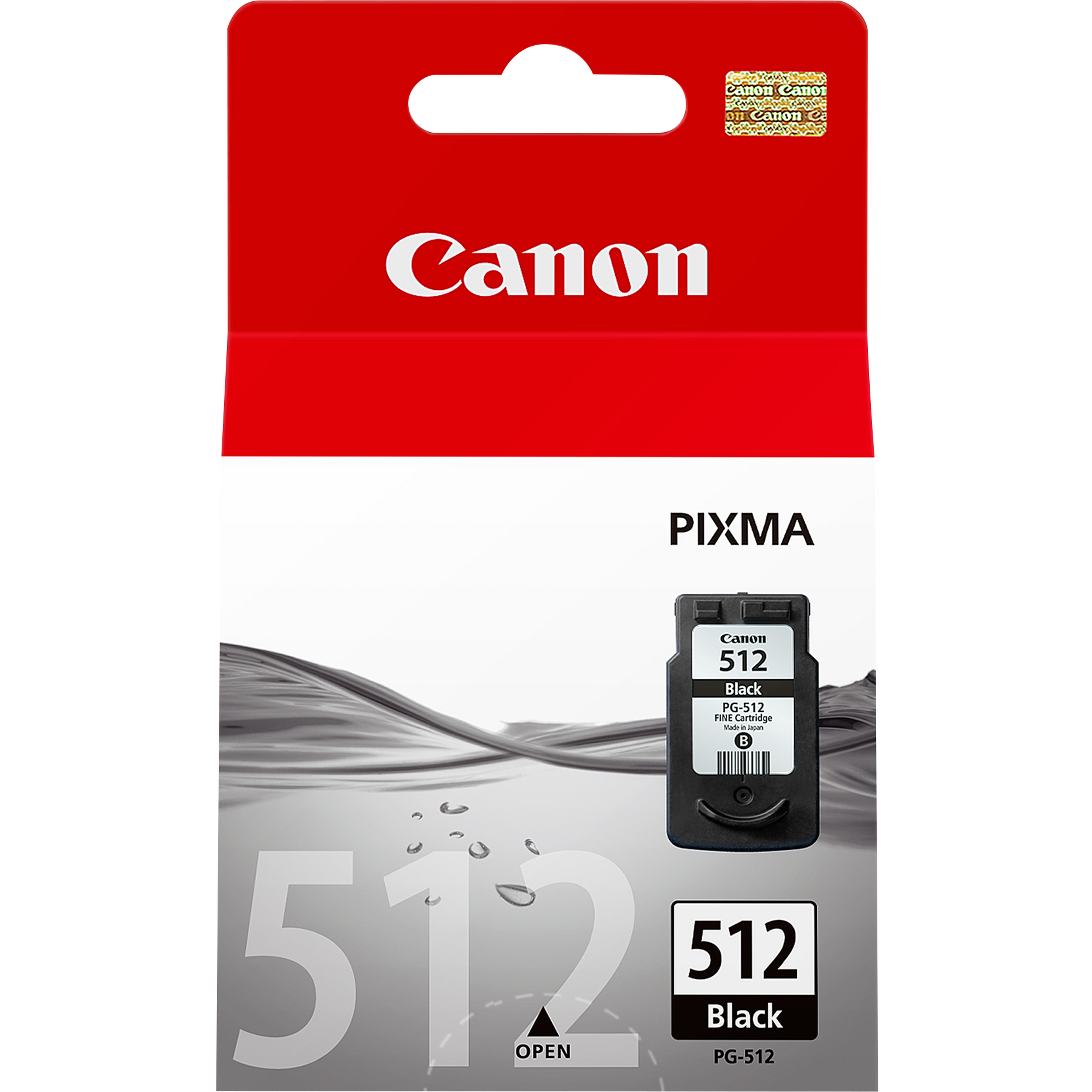 Canon 512 zwarte inktcartridge in de rode verpakking, met productdetails.