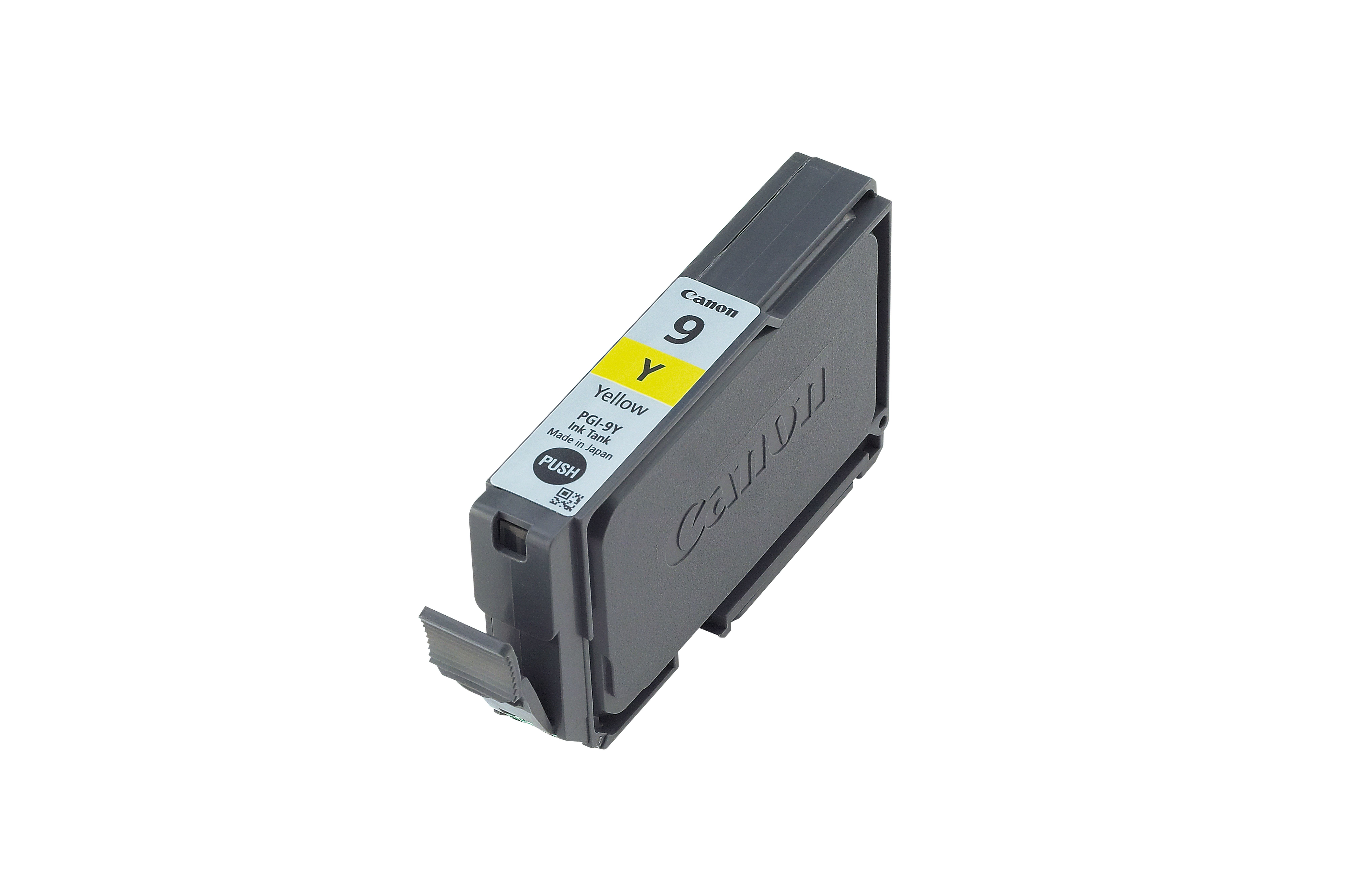 Canon inktcartridge, gele inkt. De cartridge is grijs en heeft een geel label met nummer 9.