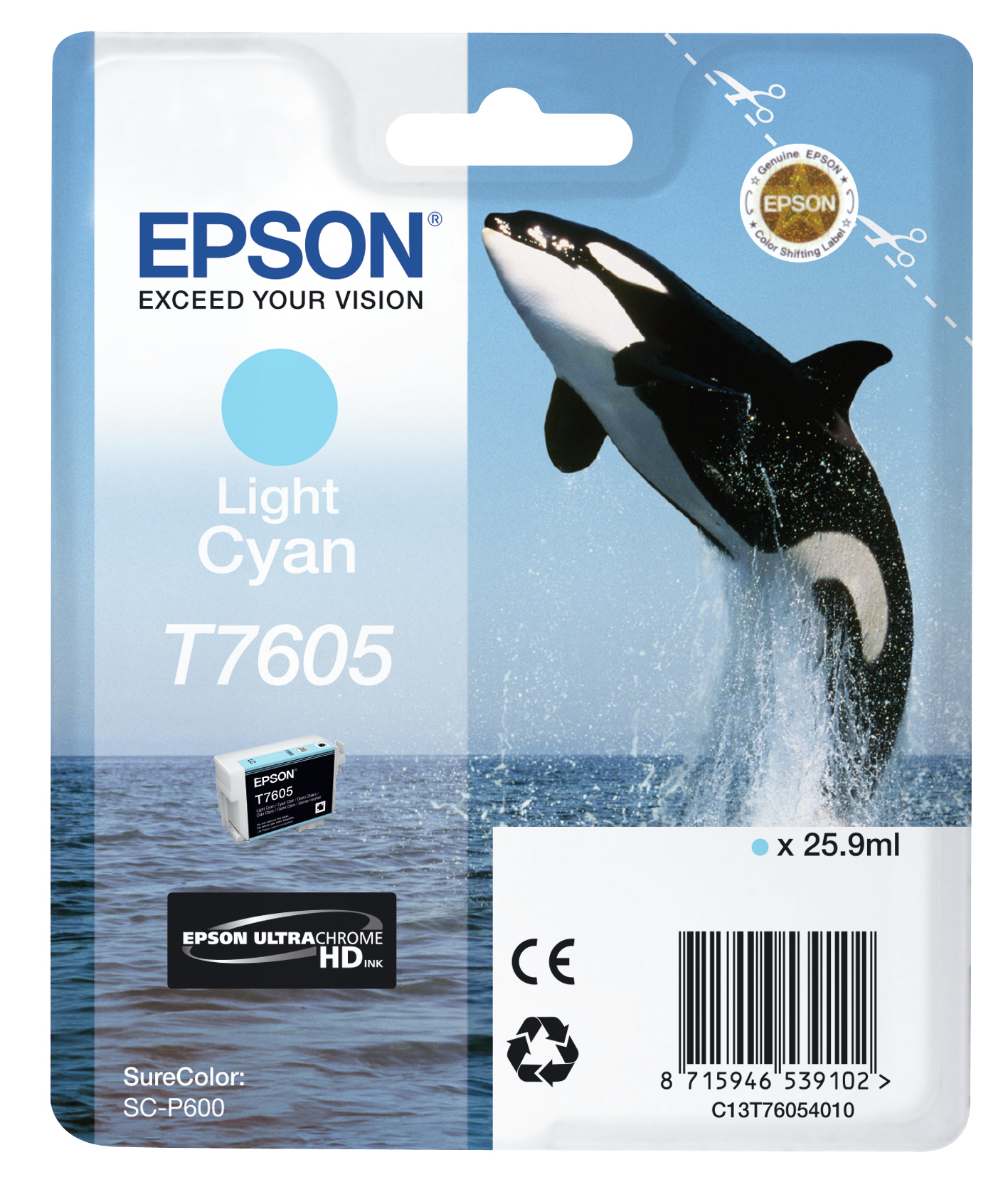 Epson ink cartridge with a picture of a whale jumping out of water.