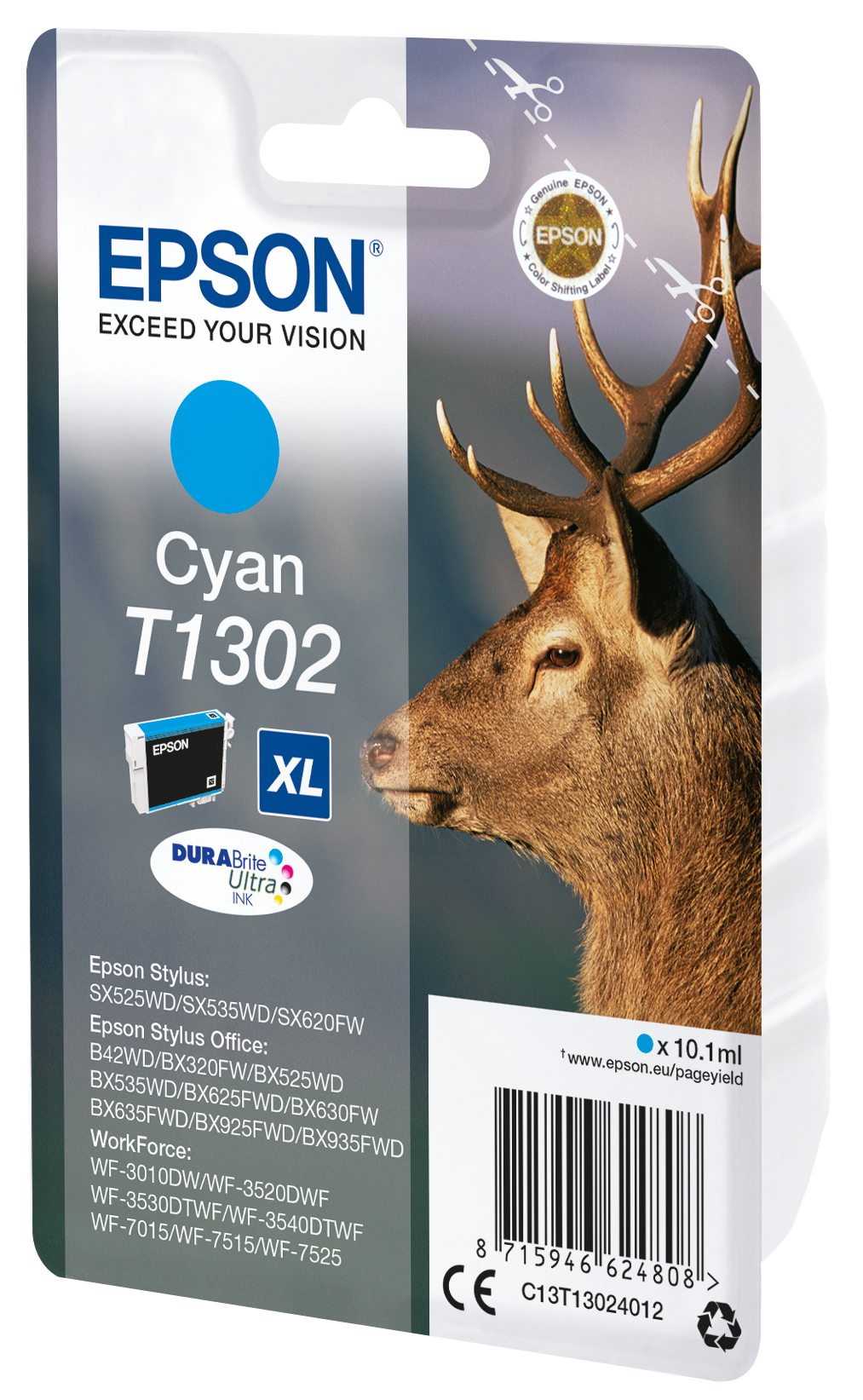Paquete de cartucho de tinta Epson Cyan con imagen de ciervo. Texto: Cyan T1302, DuraBrite Ultra y un código de barras.