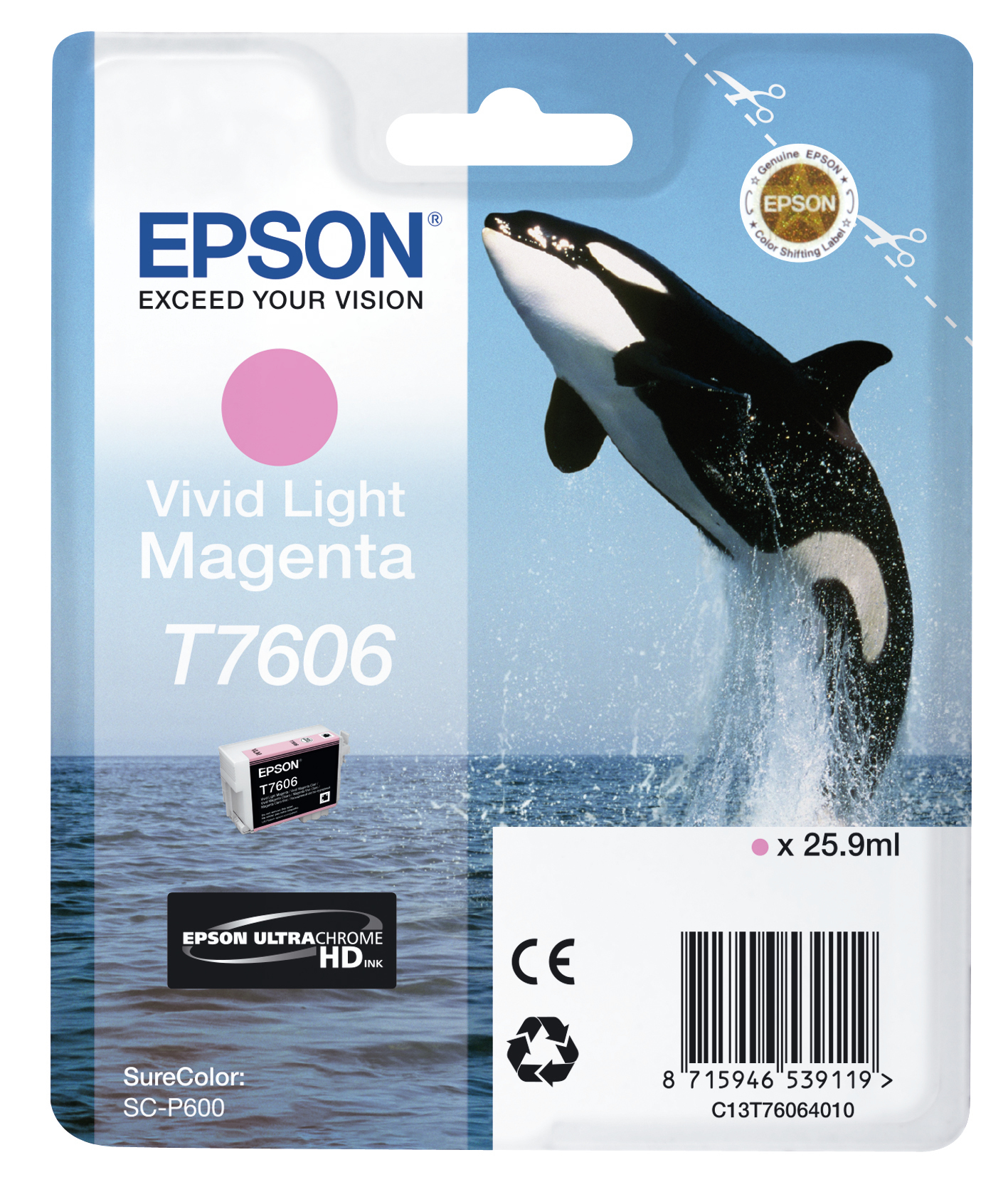 Verpackung für Epson Tintenpatronen. Zeigt einen springenden Orca und den Text 'Vivid Light Magenta'.