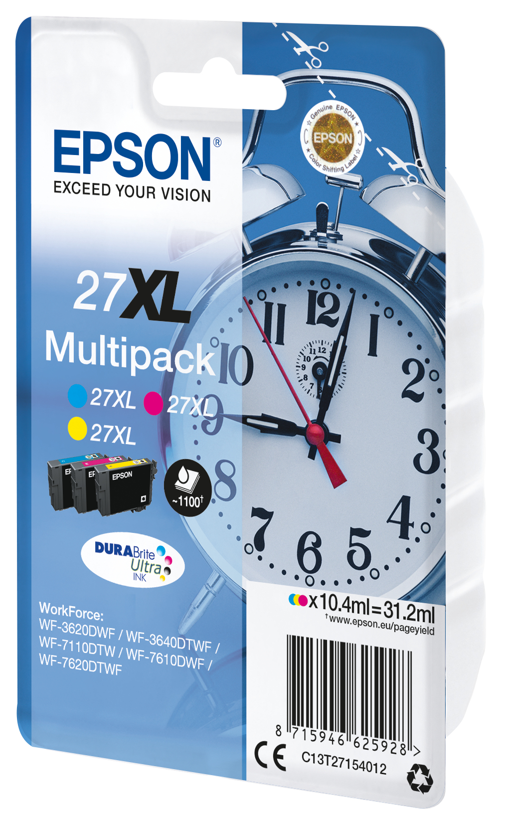 Epson 27XL Tintenpatronen-Multipack mit einer Uhrgrafik auf der Verpackung.
