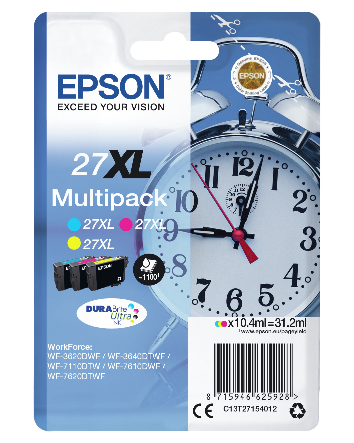 Epson 27XL Multipack Tintenpatronenbox mit Uhrgrafik und dem Epson-Logo.