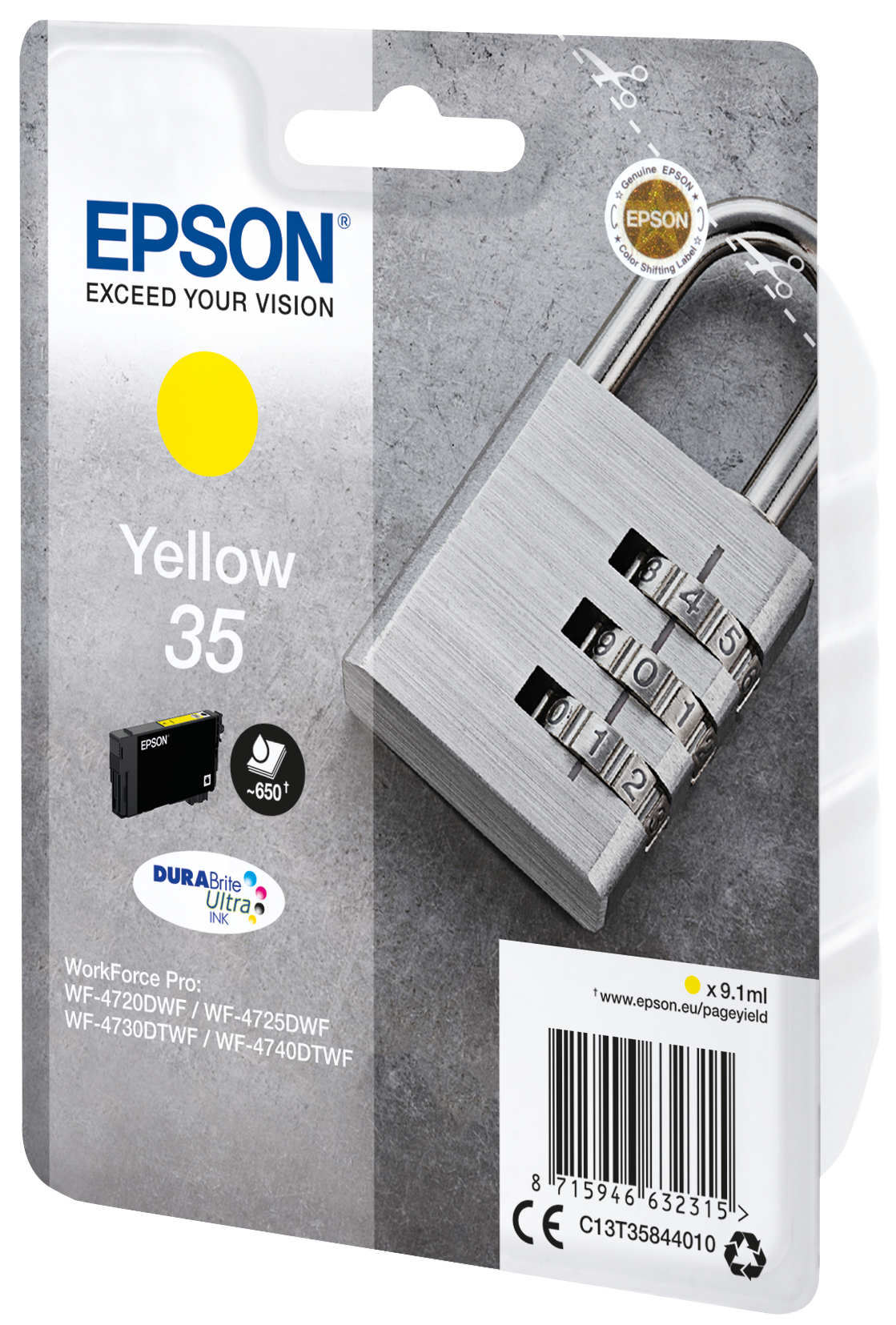 Un emballage de cartouche d'encre Epson jaune avec un cadenas à chiffres sur fond gris.