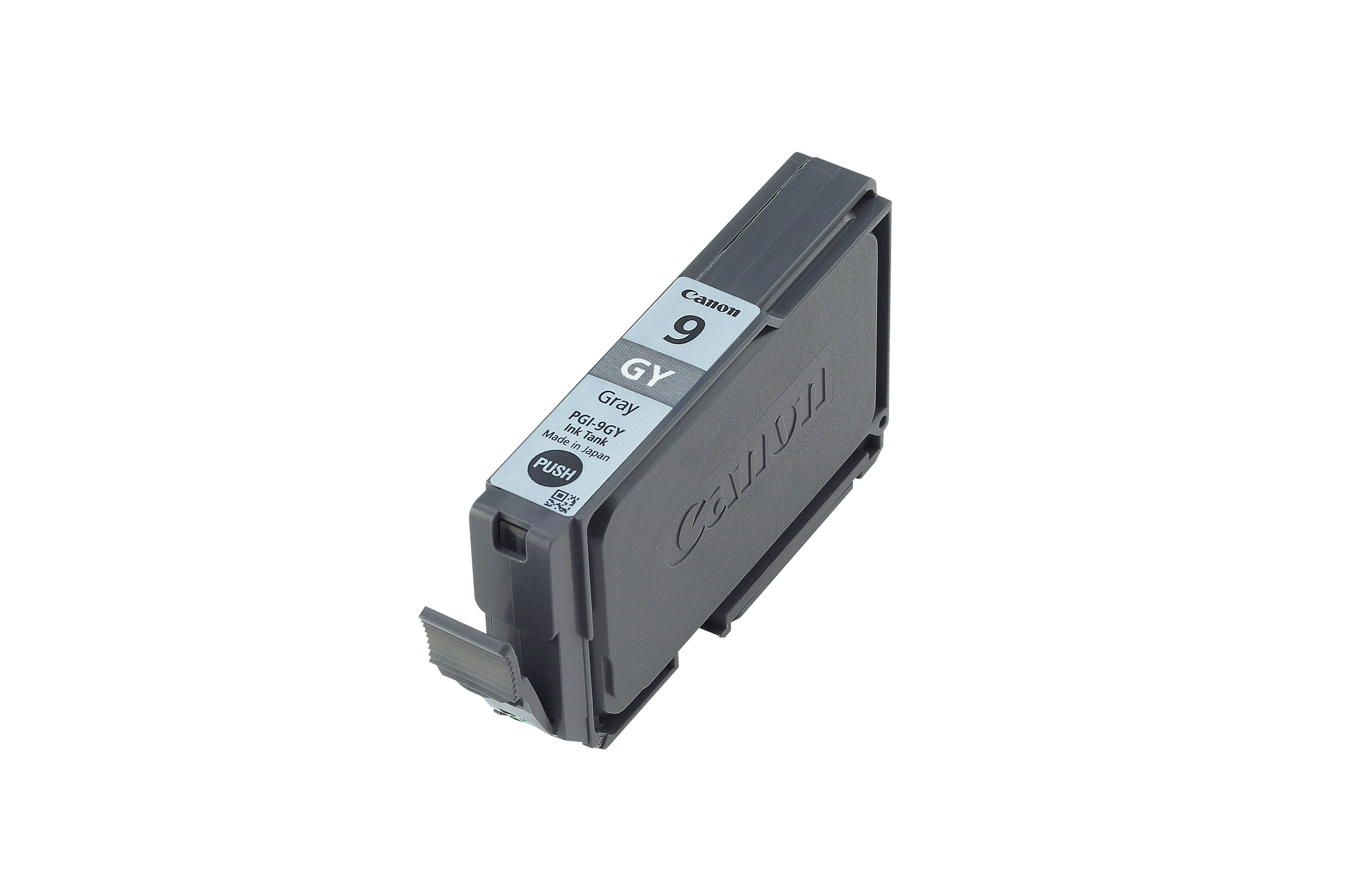 Een grijze Canon 9 inktcartridge. De cartridge heeft een label met het Canon-logo en tekst.