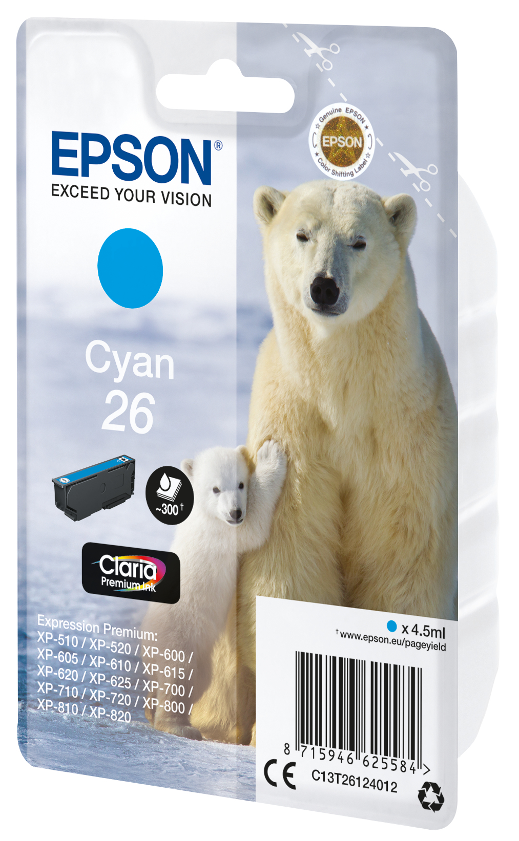 Wkład atramentowy Epson Cyan 26 z wizerunkiem niedźwiedzia polarnego i młodego na białym tle.