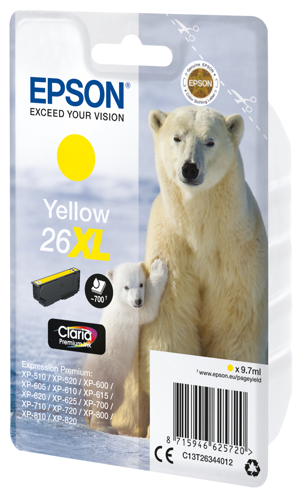 Confezione cartuccia inchiostro giallo Epson con immagine orso polare e cucciolo, testo e codice a barre.