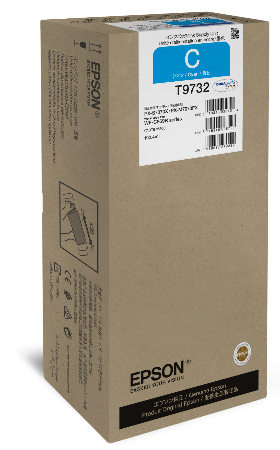 Epson Tintenpatronen-Box. Die Box ist braun mit cyanfarbenem Etikett. Das Bild ist vor weißem Hintergrund.