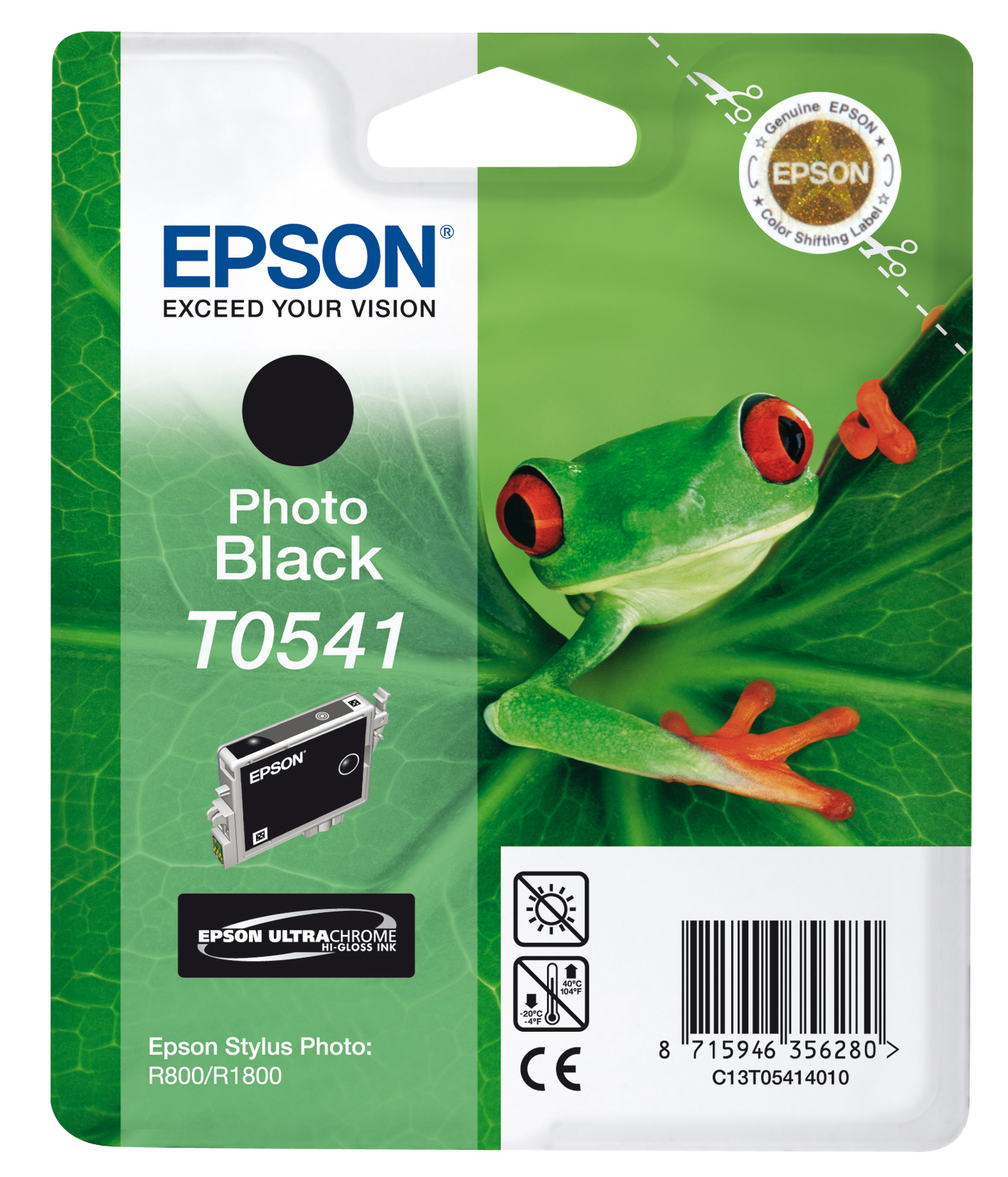 Paquete de cartucho de tinta Epson. Muestra una rana e información sobre la tinta.